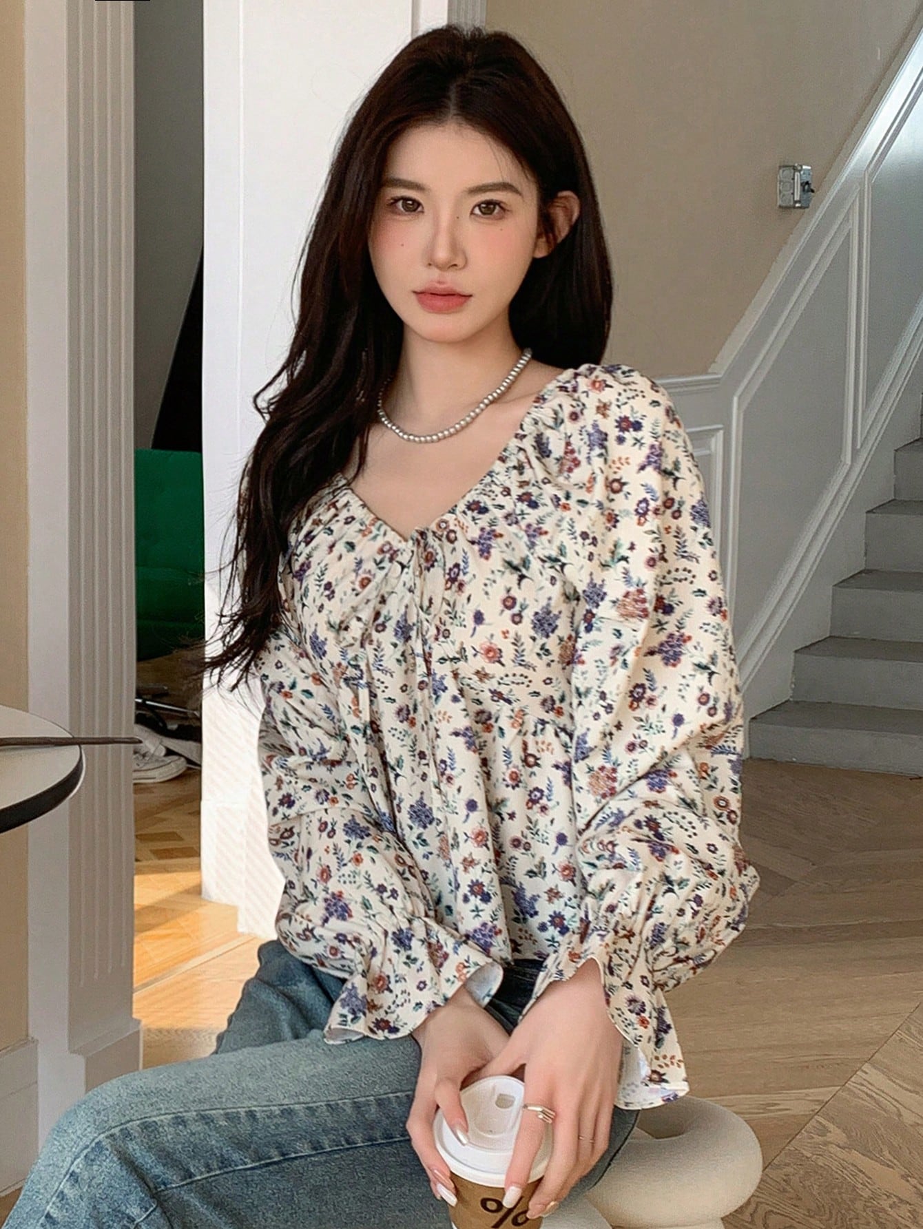 DAZY Blusa De Estampado Floral Para Mujer Con Volantes En El Dobladillo Y Mangas De Linterna