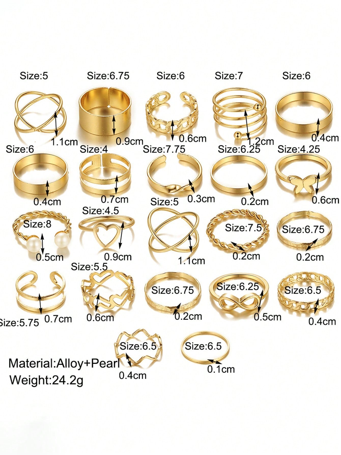 Set de 22 piezas de anillos multiarticulados con diseños de corazón y mariposa para niña