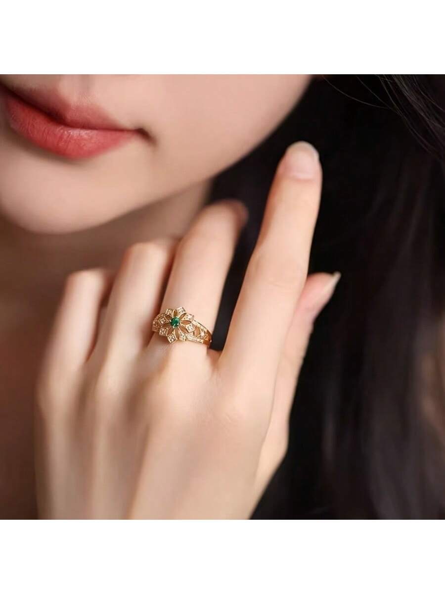 1 anillo de flor de topacio verde sintético vintage, con forma redonda y hueca, adecuado para el uso diario de las mujeres, joyería para bodas y fiestas, compromiso, regalo de aniversario