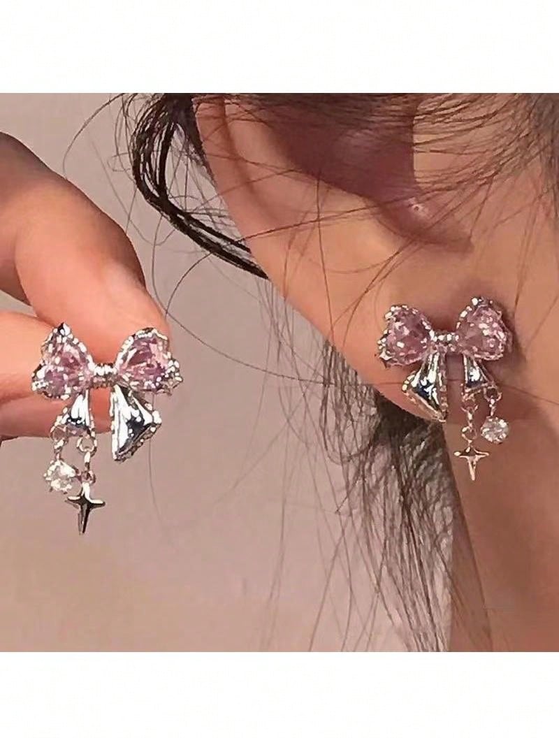 2 piezas Aretes con cristales y lazo, estilo minimalista elegante y único