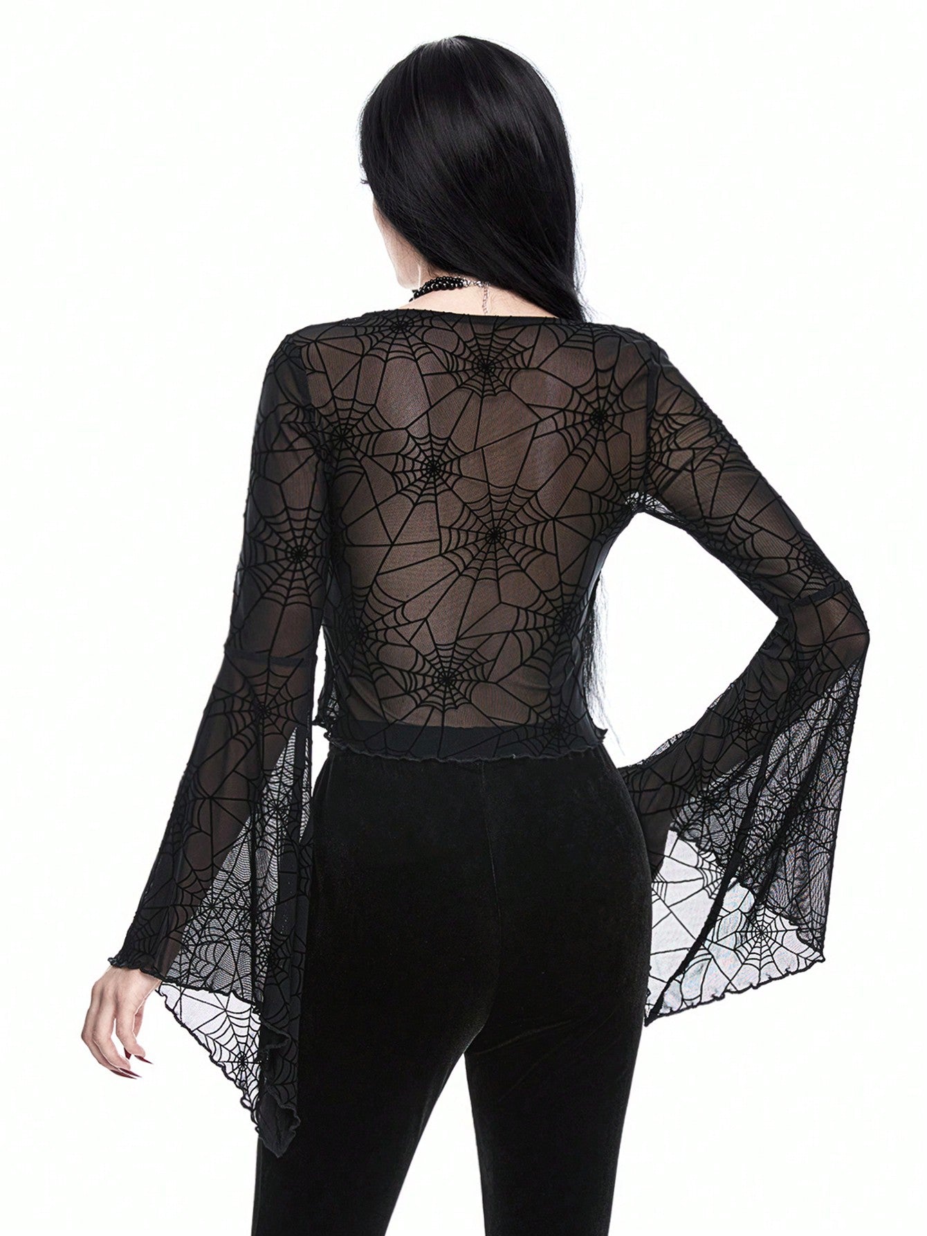 ROMWE Goth Top corto con cuello alto, mangas acampanadas y cintura ajustada con estampado de telaraña gótico, para Navidad
