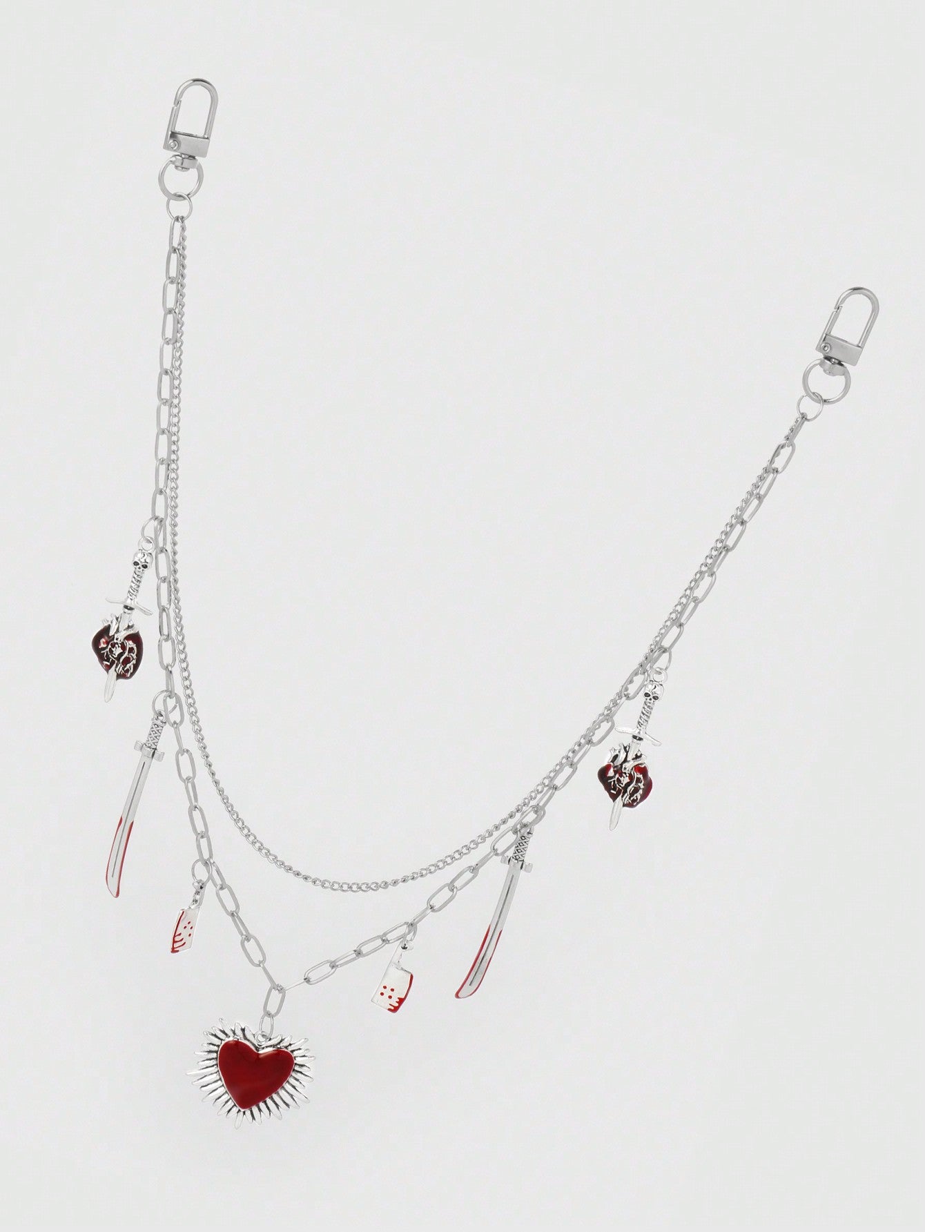 ROMWE Kawaii 1 pieza Cadena para la cintura con estilo gótico de moda, colgante de corazón perforado con calavera, espada y corazón rojo, plateado, adecuado para uso diario de mujeres y niñas, regalo festivo