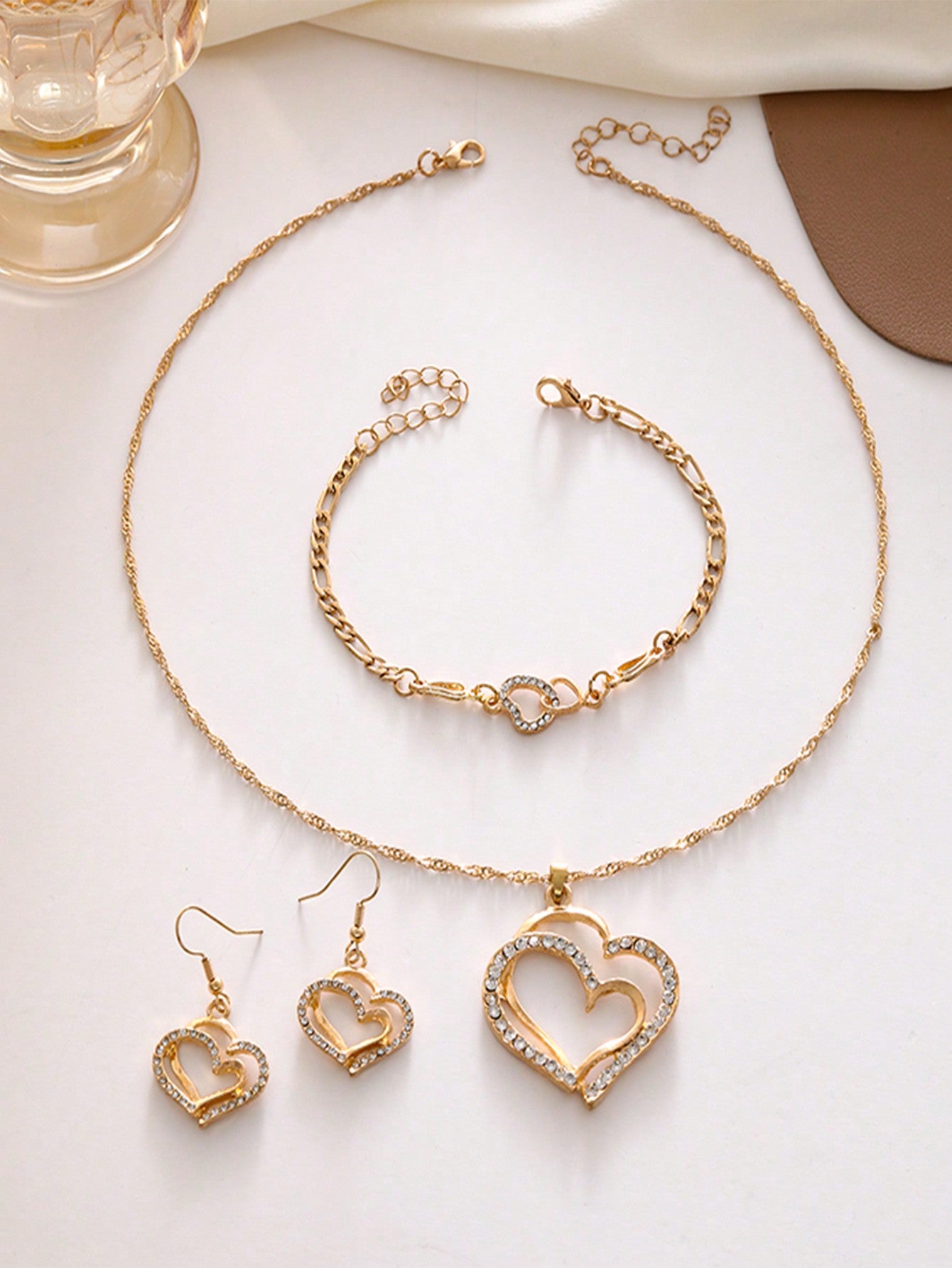 4 piezas/Set Set de joyería elegante con collar, aretes, pulsera con diseño de corazón doble, accesorios de novia de moda, regalo romántico para mujeres
