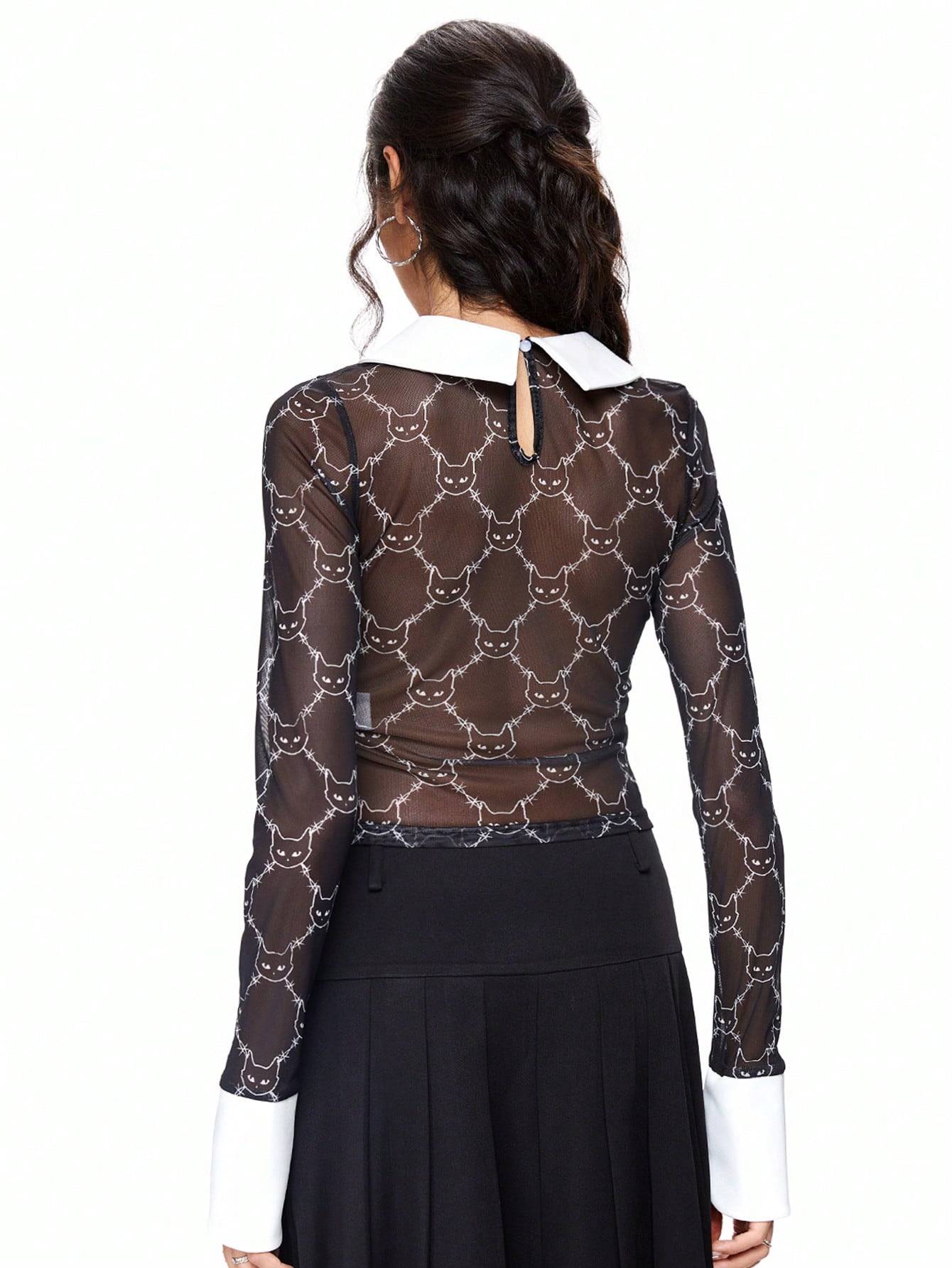 ROMWE Academia Blusa de mujer con cuello polo, bloques de color transparentes con estampado digital de cabeza de gato y espinas, uso escolar