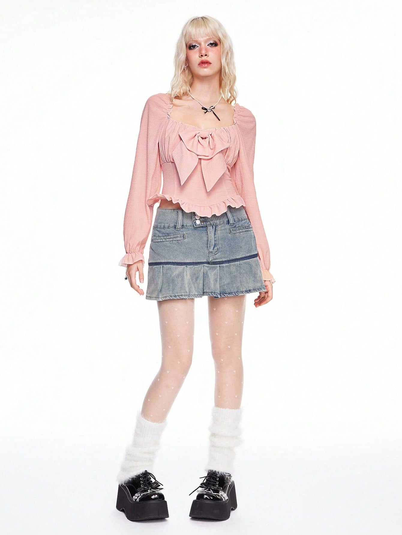 ROMWE Kawaii Blusa de mujer de manga larga con decoración de lazo y diseño de burbujas dulce y lindo