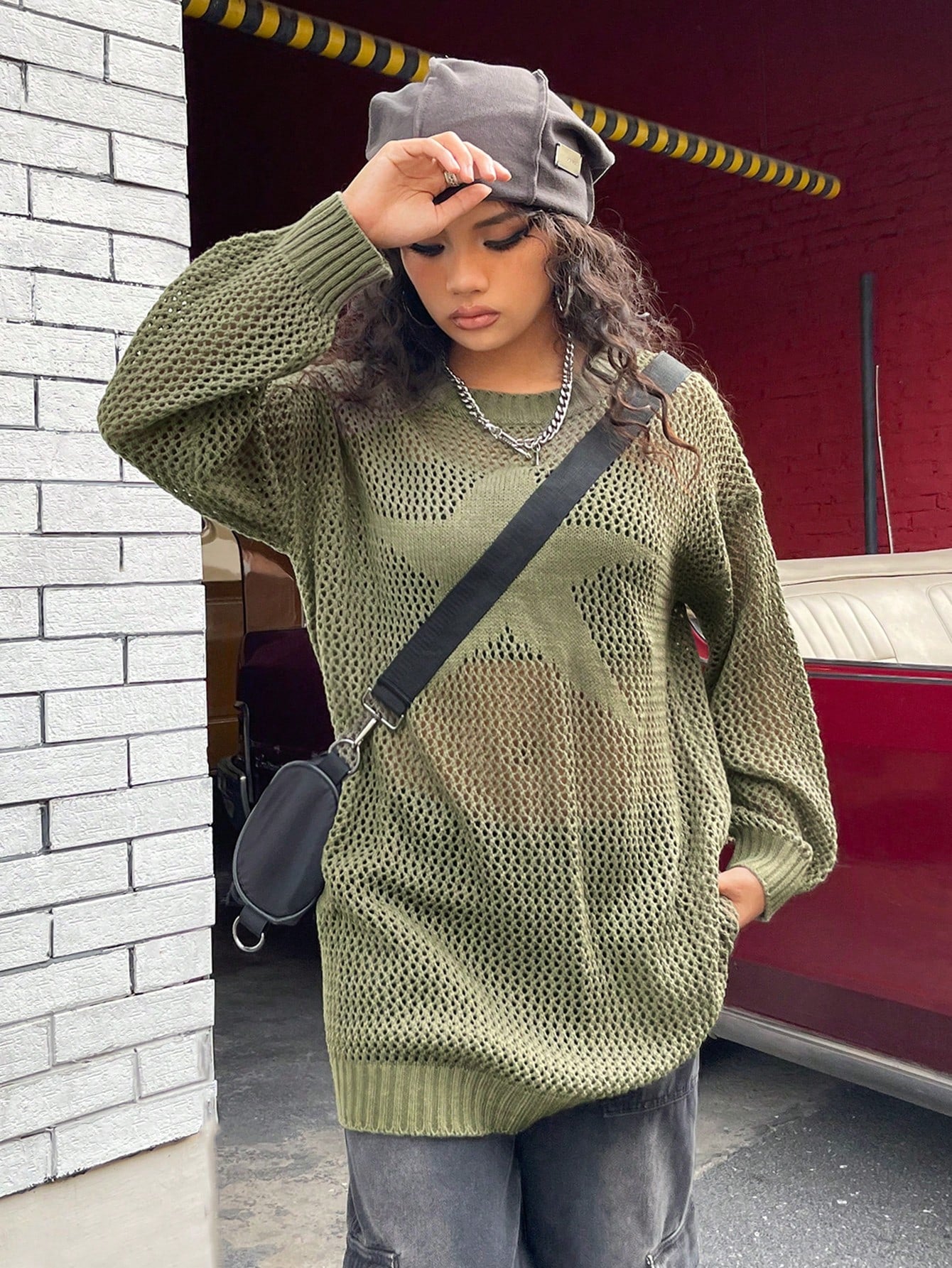 SHEIN EZwear Vestido de punto de hombros caídos de punto de malla sin sujetador