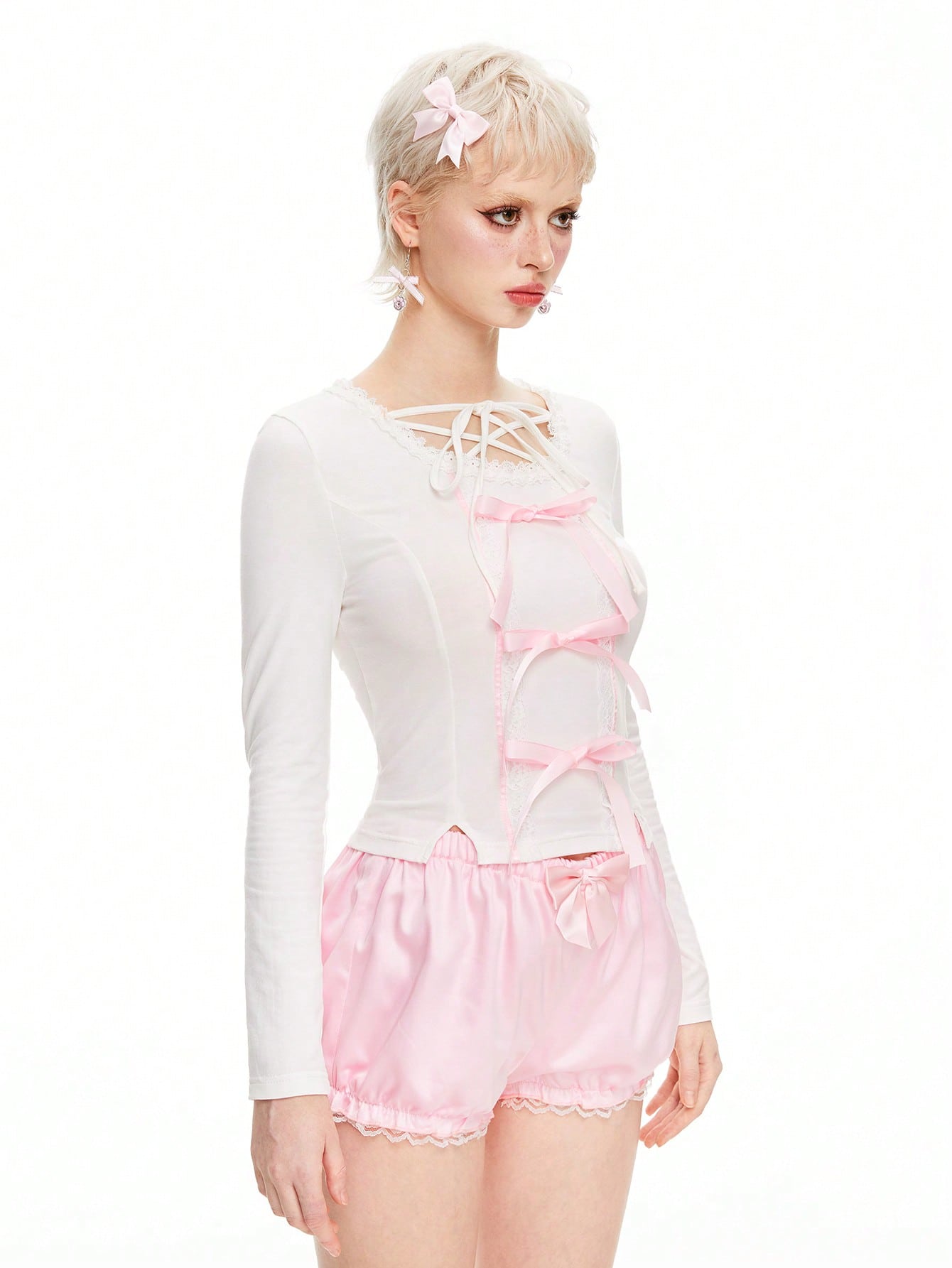 ROMWE Kawaii Camiseta informal con lazo y encaje al estilo de bailarina para mujeres
