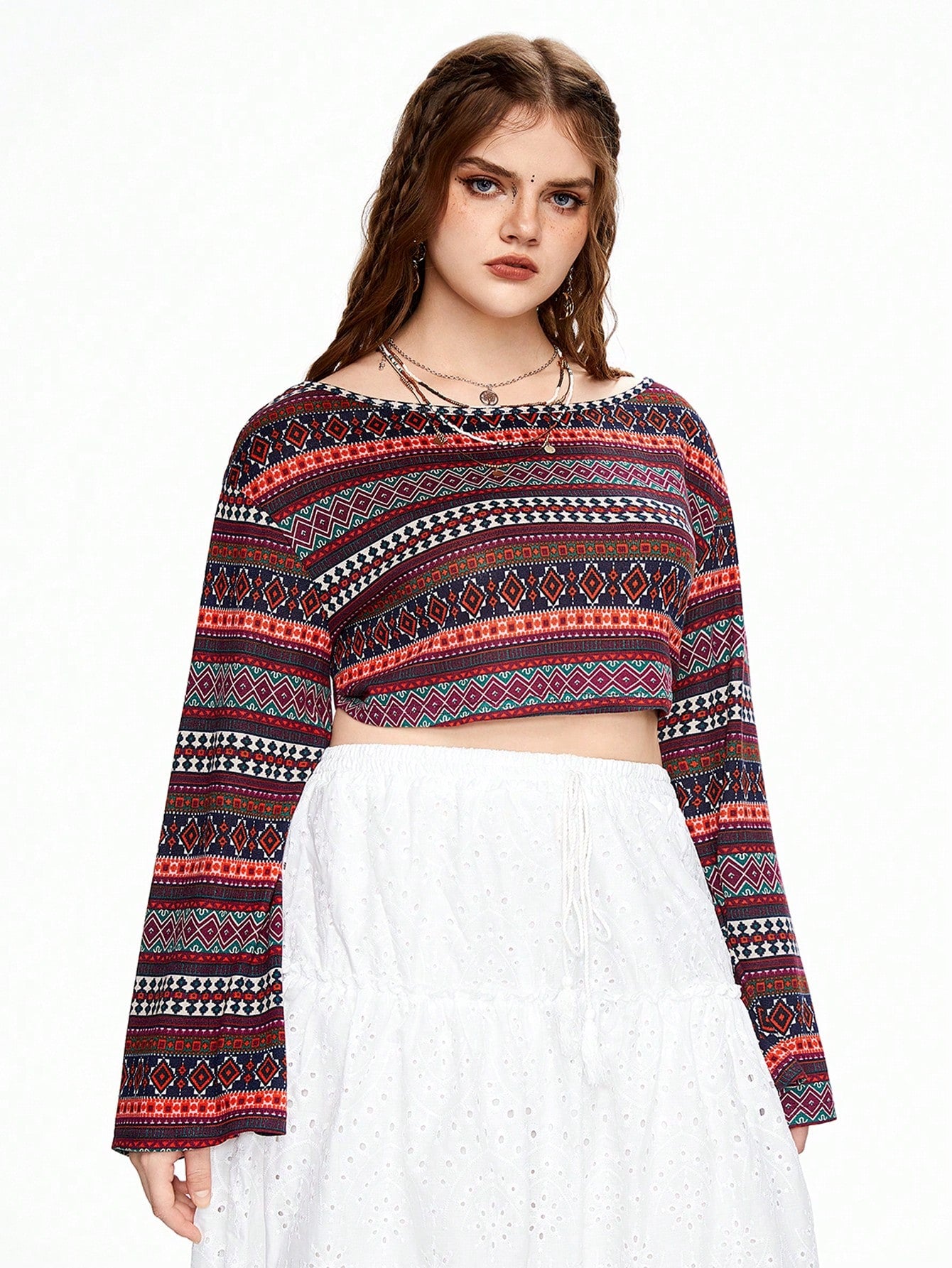 ROMWE Hippie Camiseta de rayas bohemias de talla grande con cuello de barco, manga ancha acampanada y longitud recortada, ideal para vacaciones