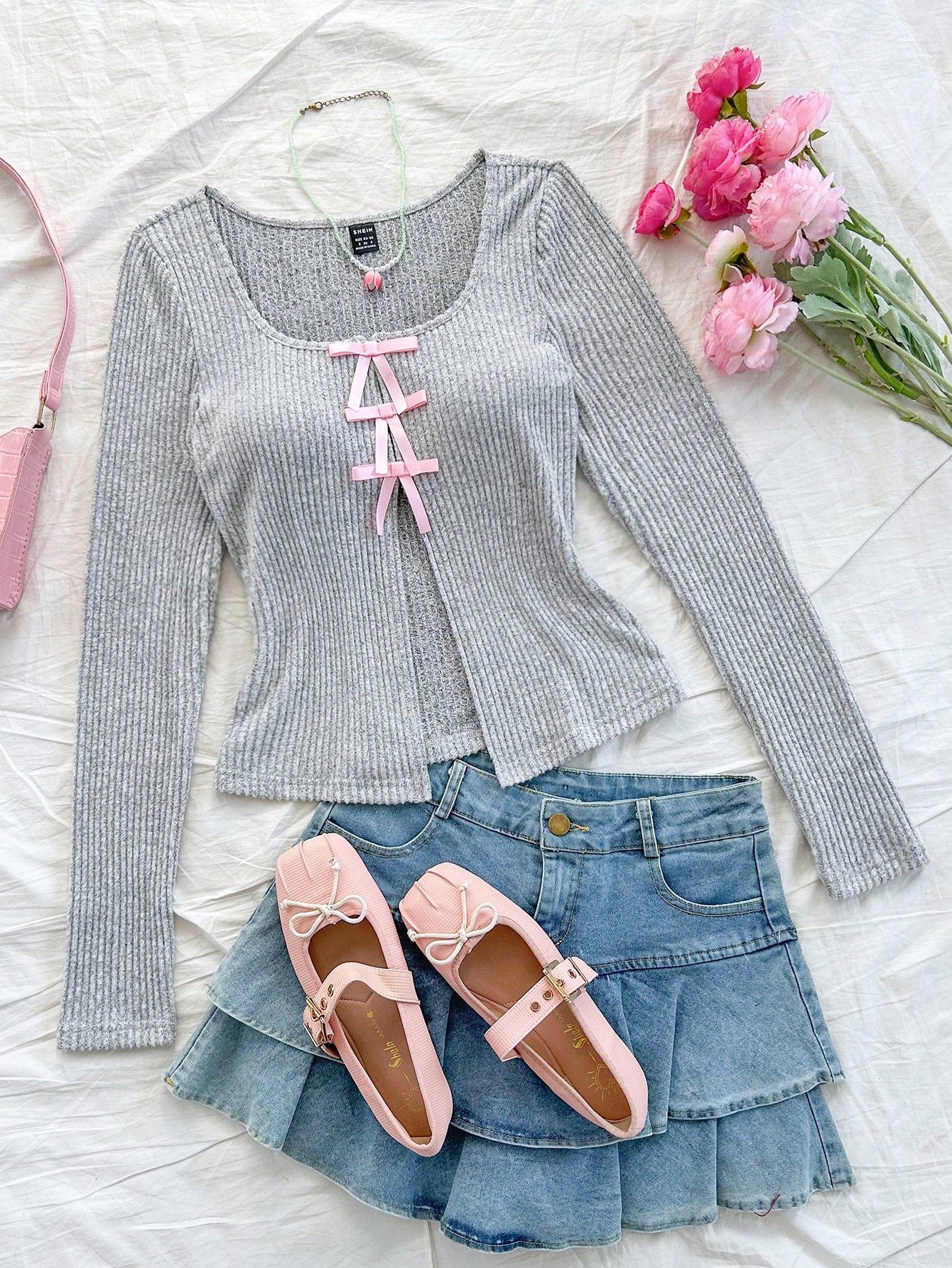 SHEIN Dreamara Sudadera térmica con capucha de costillas grises para vacaciones de mujer con cortes frontales y en el centro, lazo romántico rosa, manga larga, ajuste delgado, cálida y con estilo para otoño/invierno, adecuada para salidas