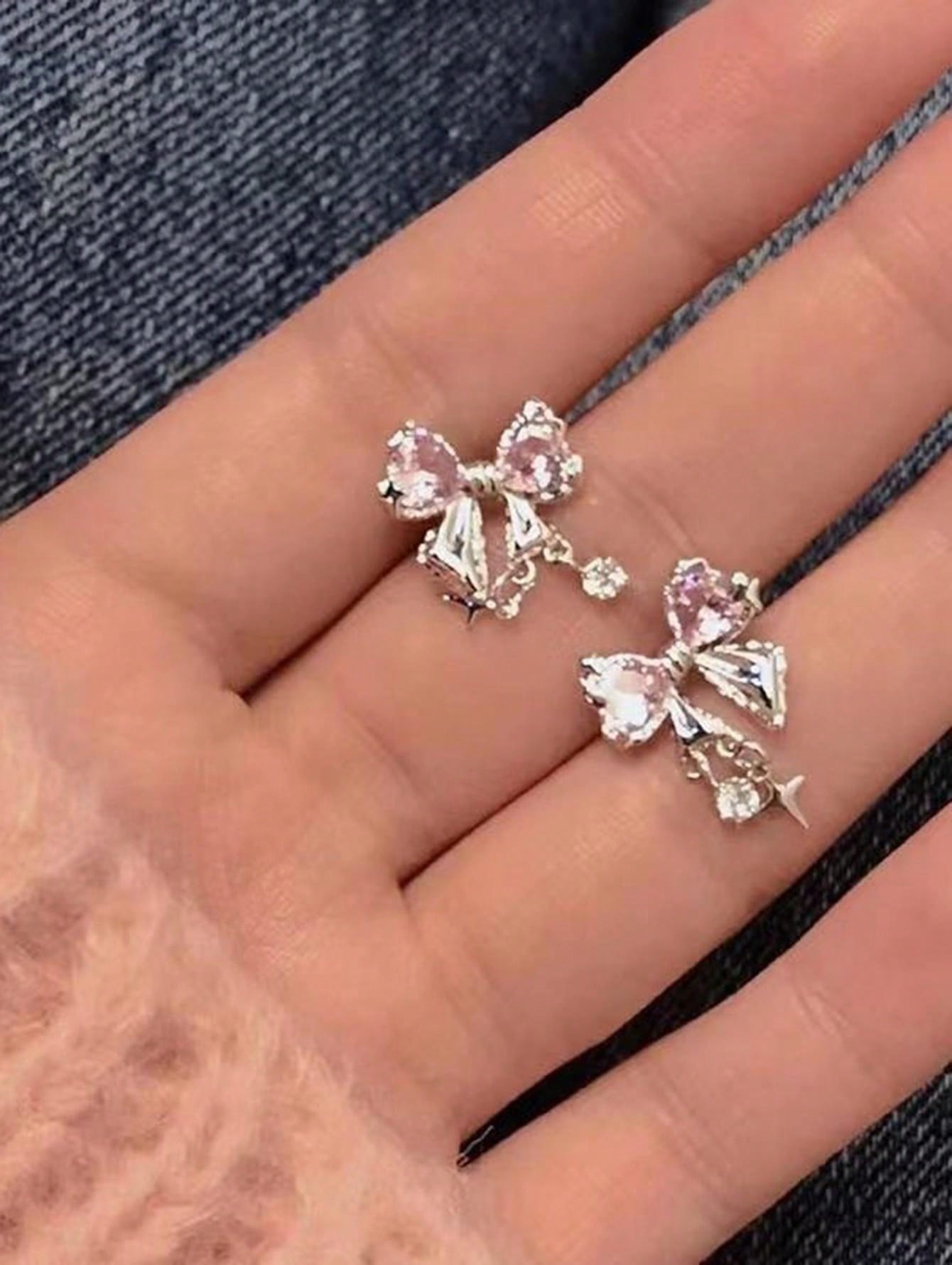 2 piezas Aretes con cristales y lazo, estilo minimalista elegante y único