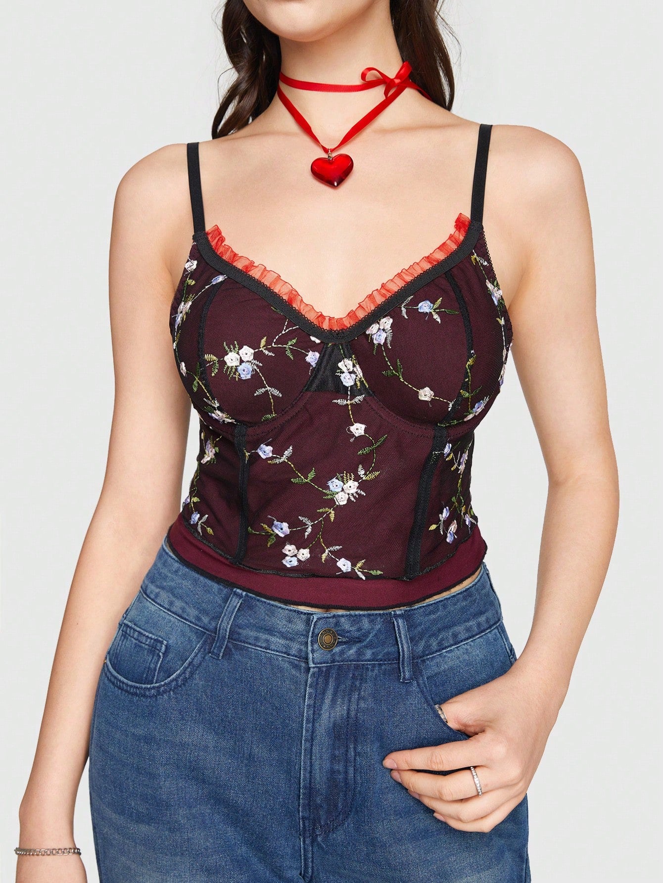 Sweetness Top Tank Doble Capa Bordado Floral Retro Para Mujer