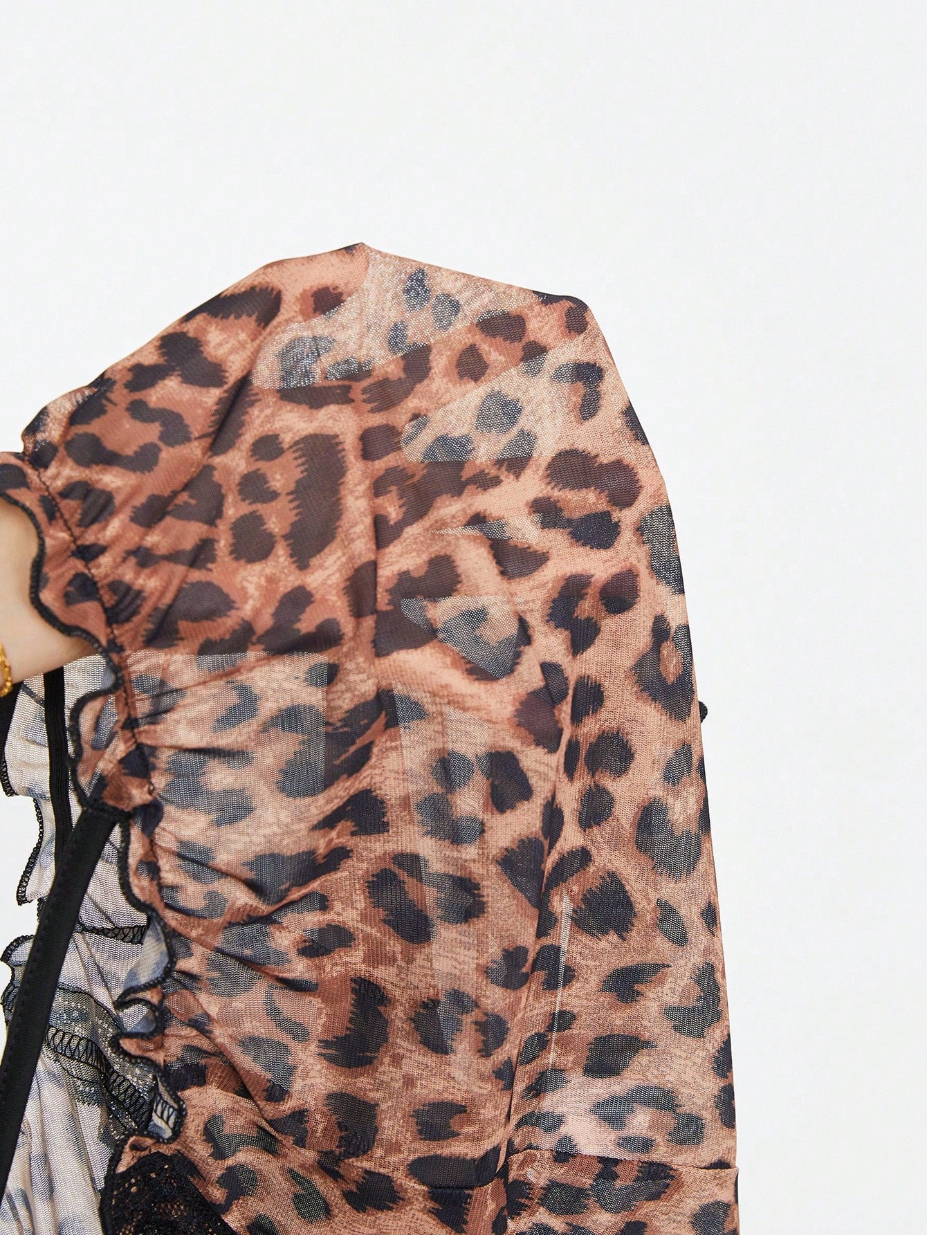 ROMWE Grunge Punk Conjunto de pijama de malla con estampado de leopardo en estilo punk oscuro con ribete de encaje y detalle de lazo