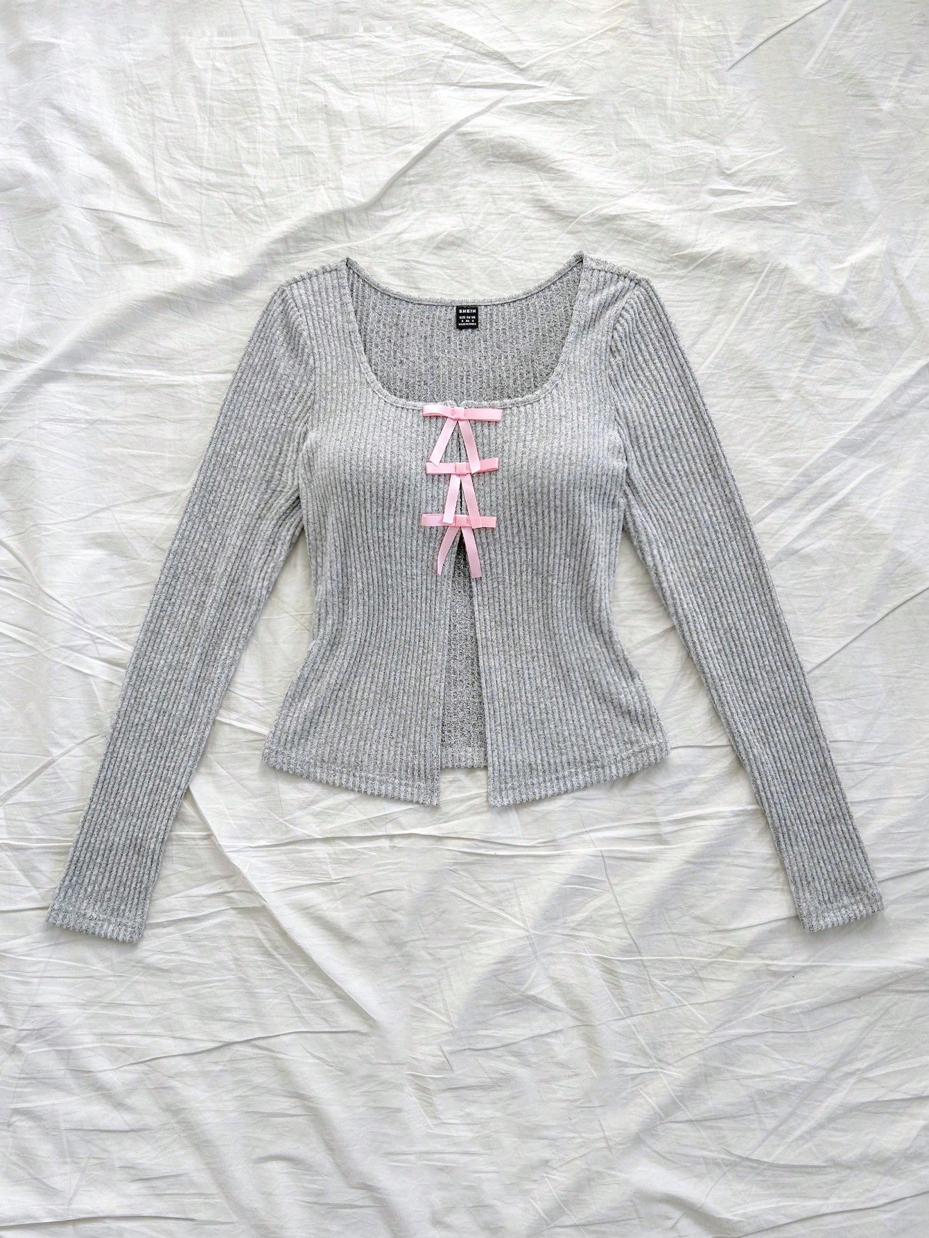 SHEIN Dreamara Sudadera térmica con capucha de costillas grises para vacaciones de mujer con cortes frontales y en el centro, lazo romántico rosa, manga larga, ajuste delgado, cálida y con estilo para otoño/invierno, adecuada para salidas