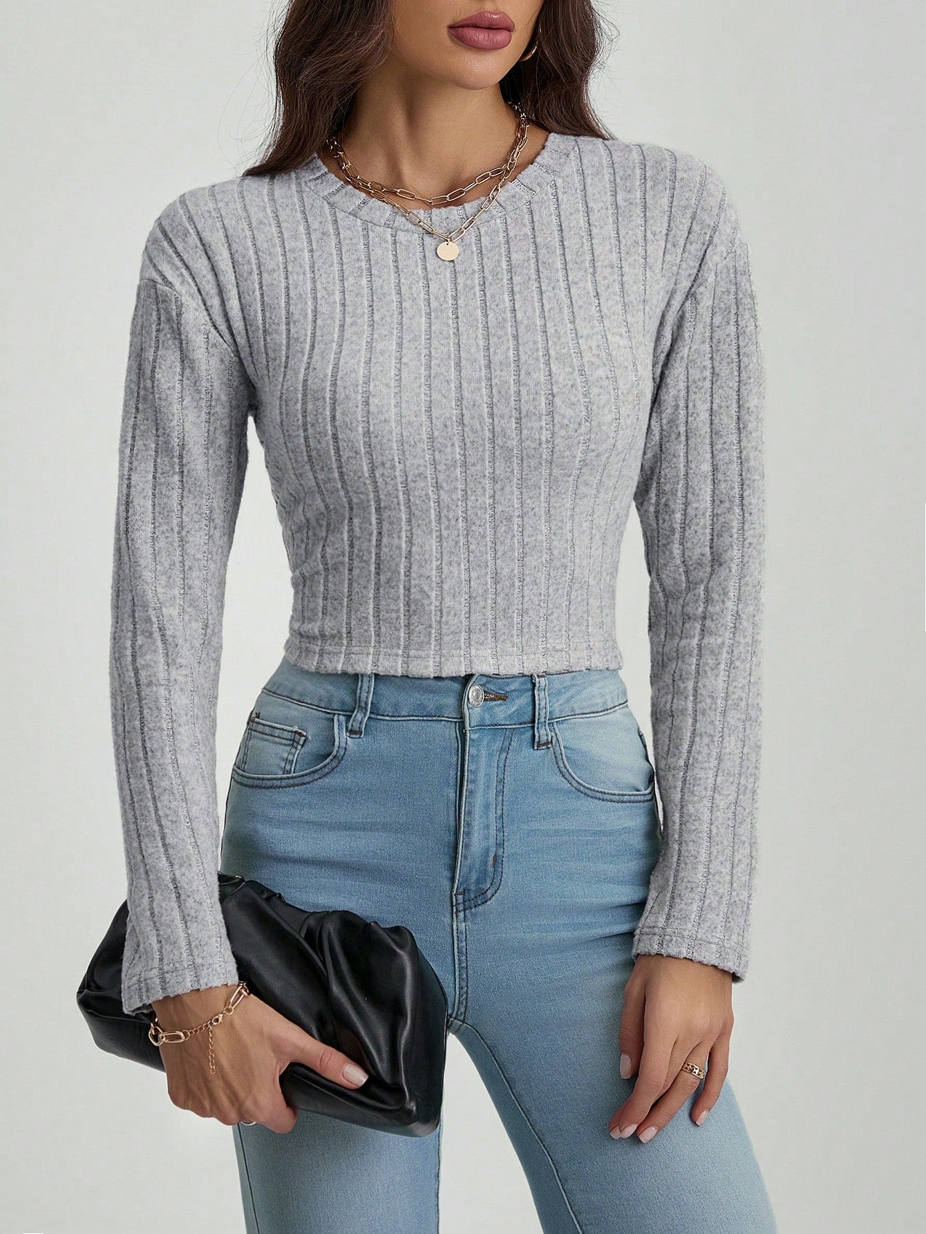 SHEIN Tall Top corto de punto acanalado sólido, informal de otoño