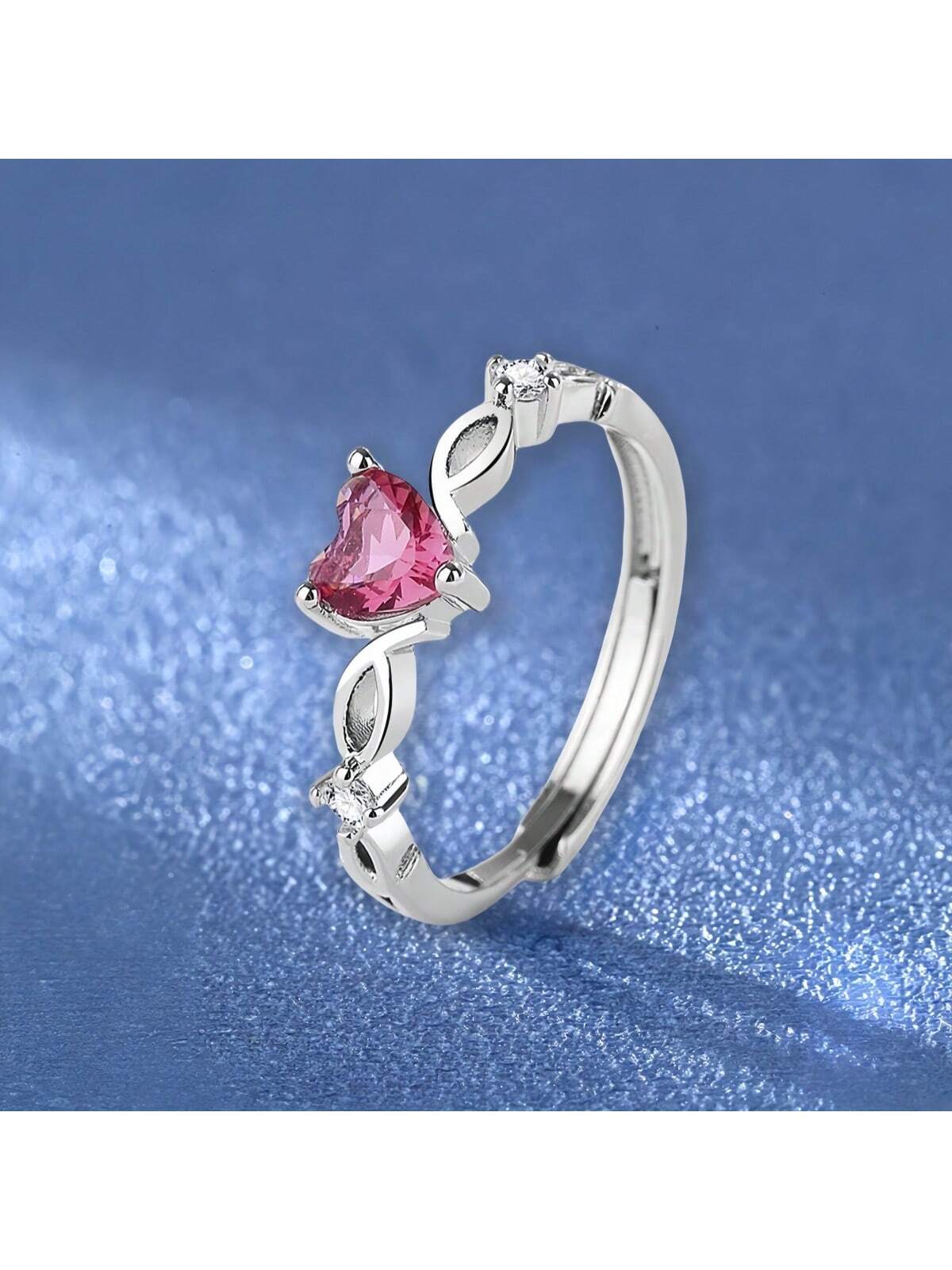 1 pieza Anillo ajustable con decoración de circonita roja con forma de corazón, de moda y casual, adecuado para uso diario, fiestas, regalos, joyería de mujer