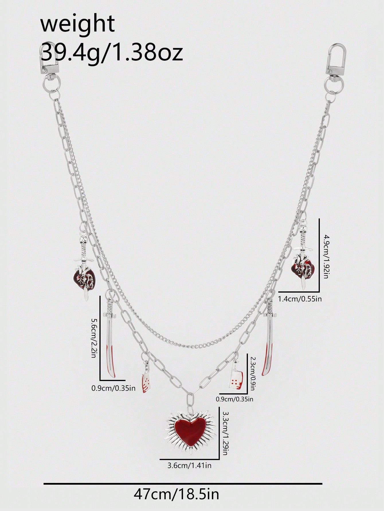 ROMWE Kawaii 1 pieza Cadena para la cintura con estilo gótico de moda, colgante de corazón perforado con calavera, espada y corazón rojo, plateado, adecuado para uso diario de mujeres y niñas, regalo festivo