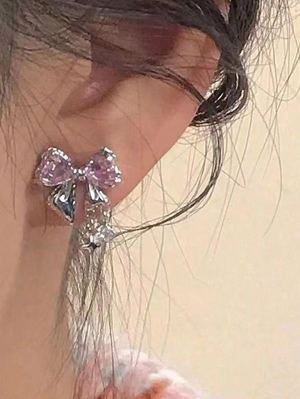 2 piezas Aretes con cristales y lazo, estilo minimalista elegante y único