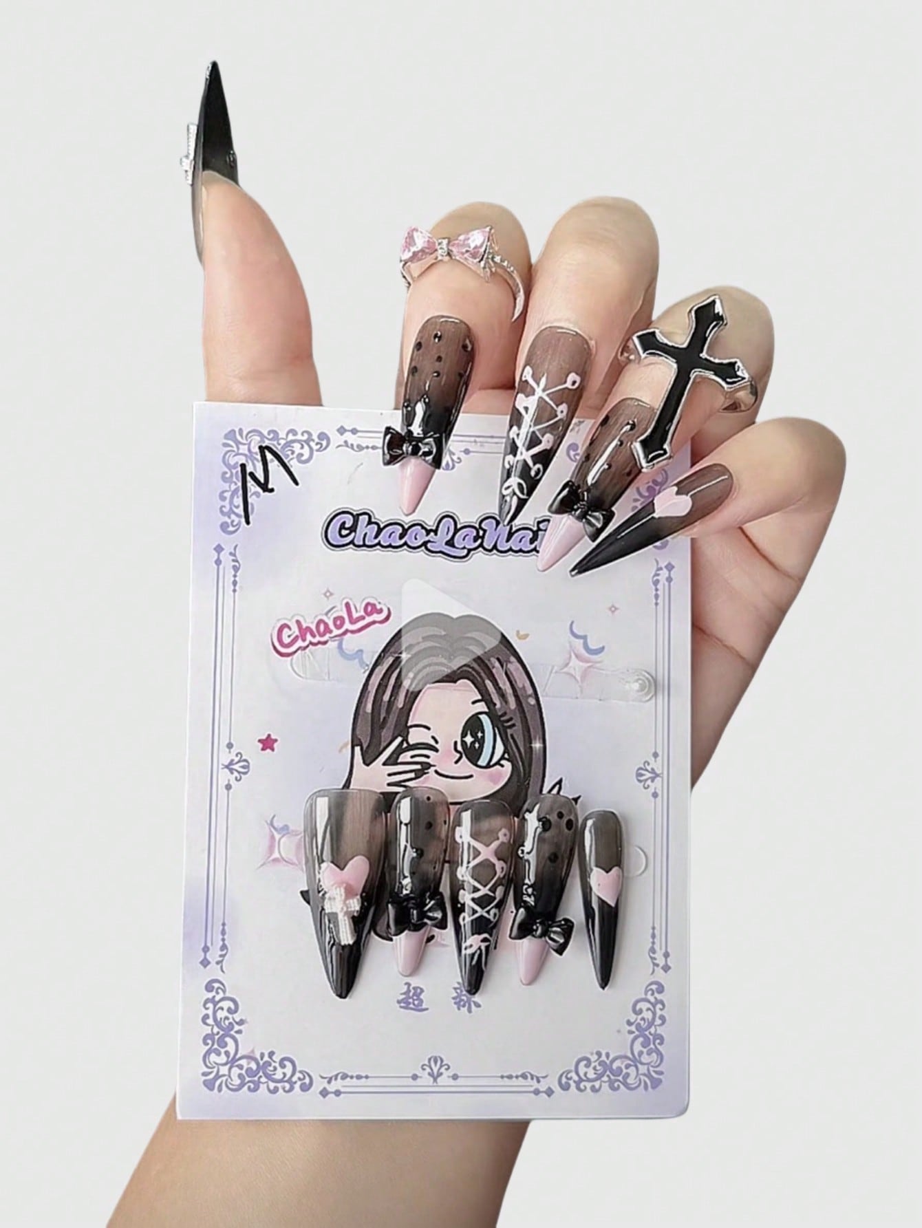ROMWE Anime Uñas postizas kawaii Y2K con corazón rosa, cruz gótica, textura romántica francesa y lazo, para Halloween