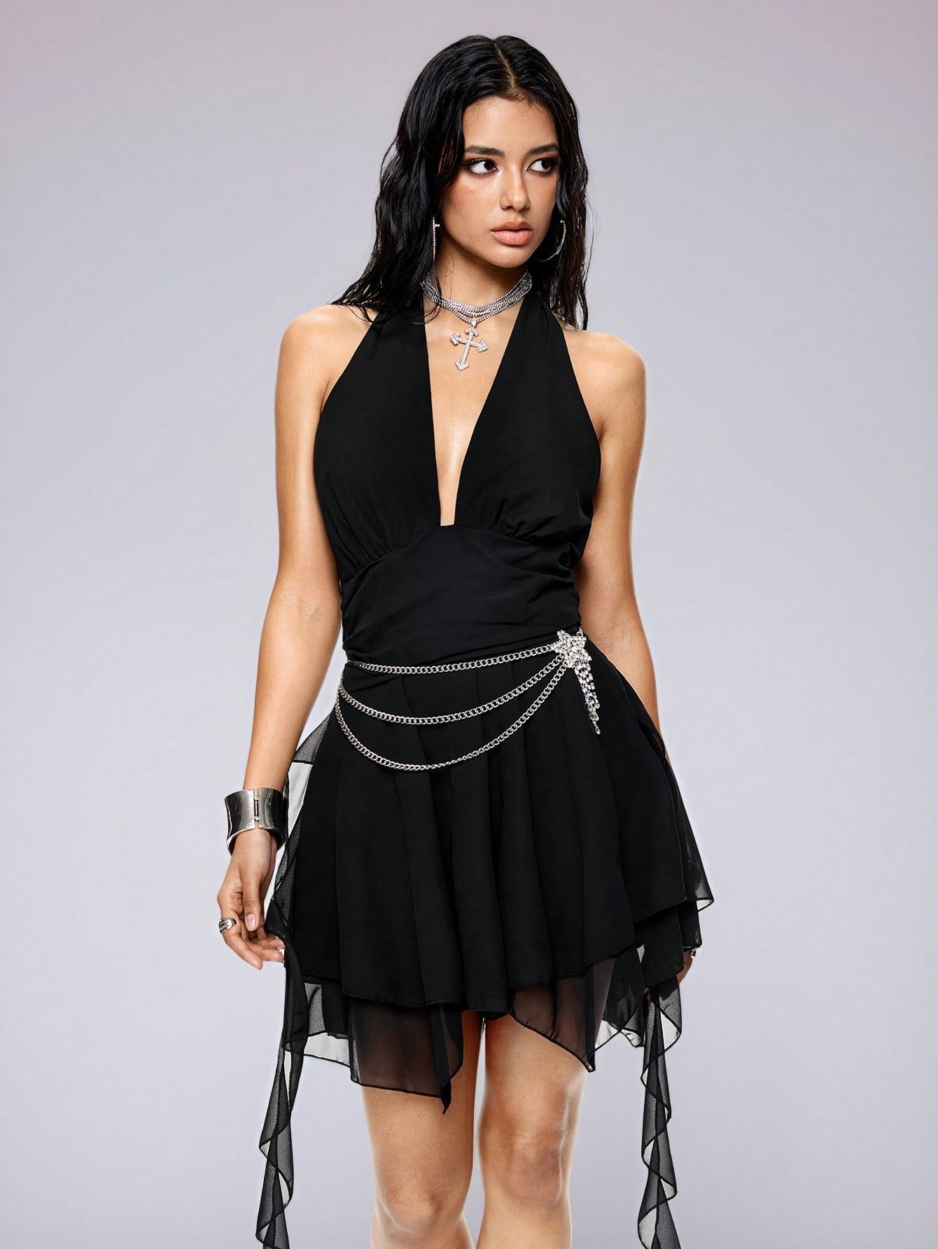 ROMWE Avant Vestido con escote halter de gasa y diseño sexy con espalda descubierta, falda con múltiples volantes en el bajo, estilo Y2K