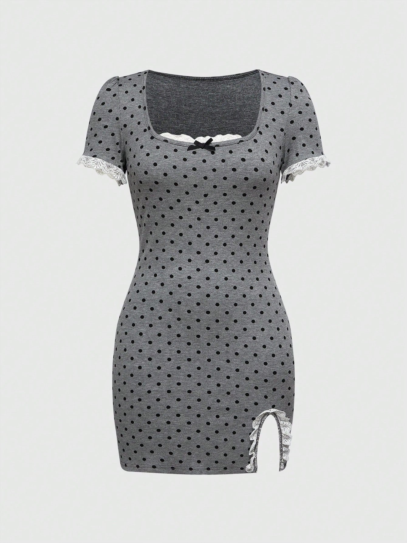 ROMWE Avant Vestido de punto con estampado de lunares, recortes en contraste de color y abertura sexy, con estilo retro del sur de Francia y Sicilia, de 2 en 1