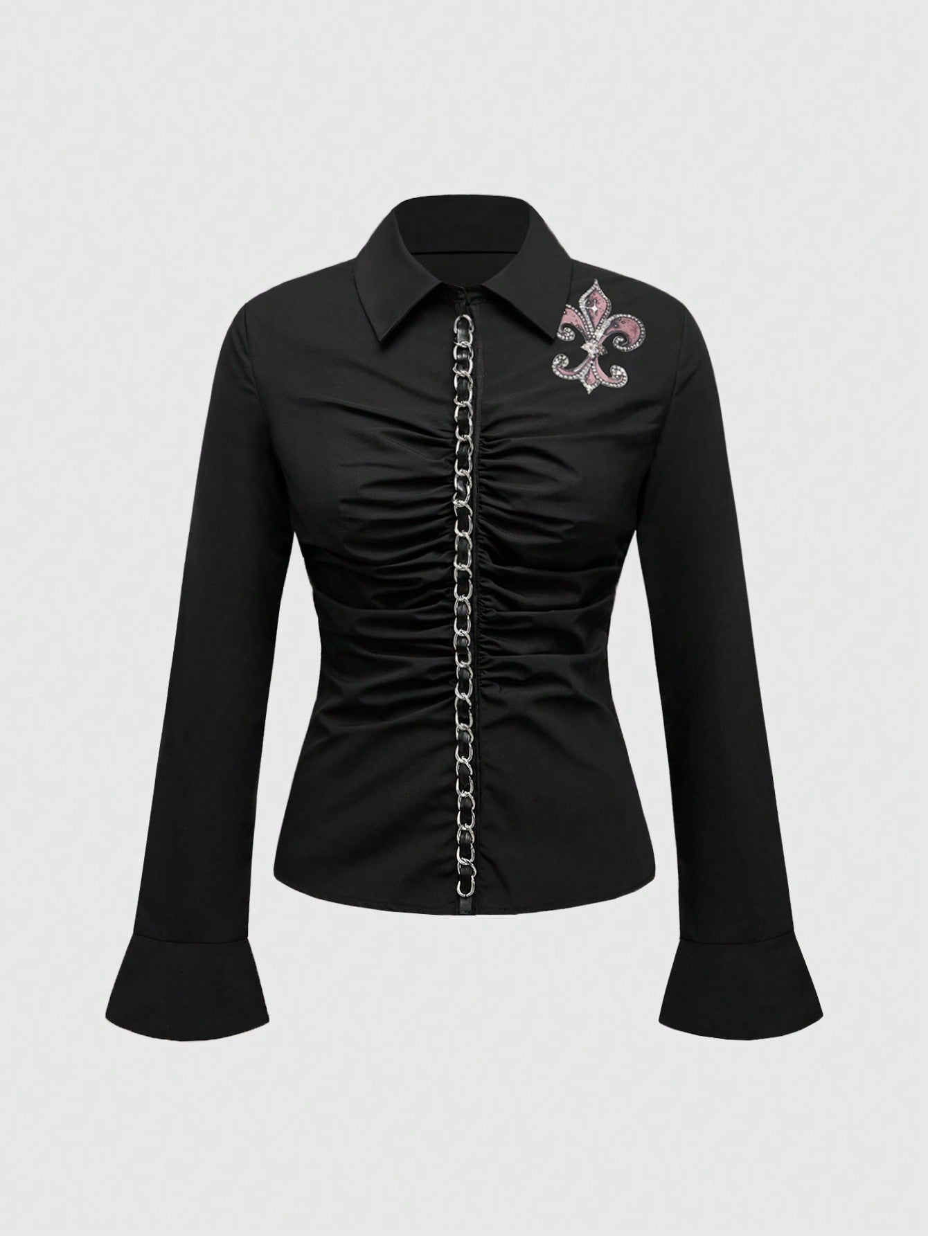 ROMWE Blusa con mangas acampanadas, estampado de cruz y alas, con cadena y campanas