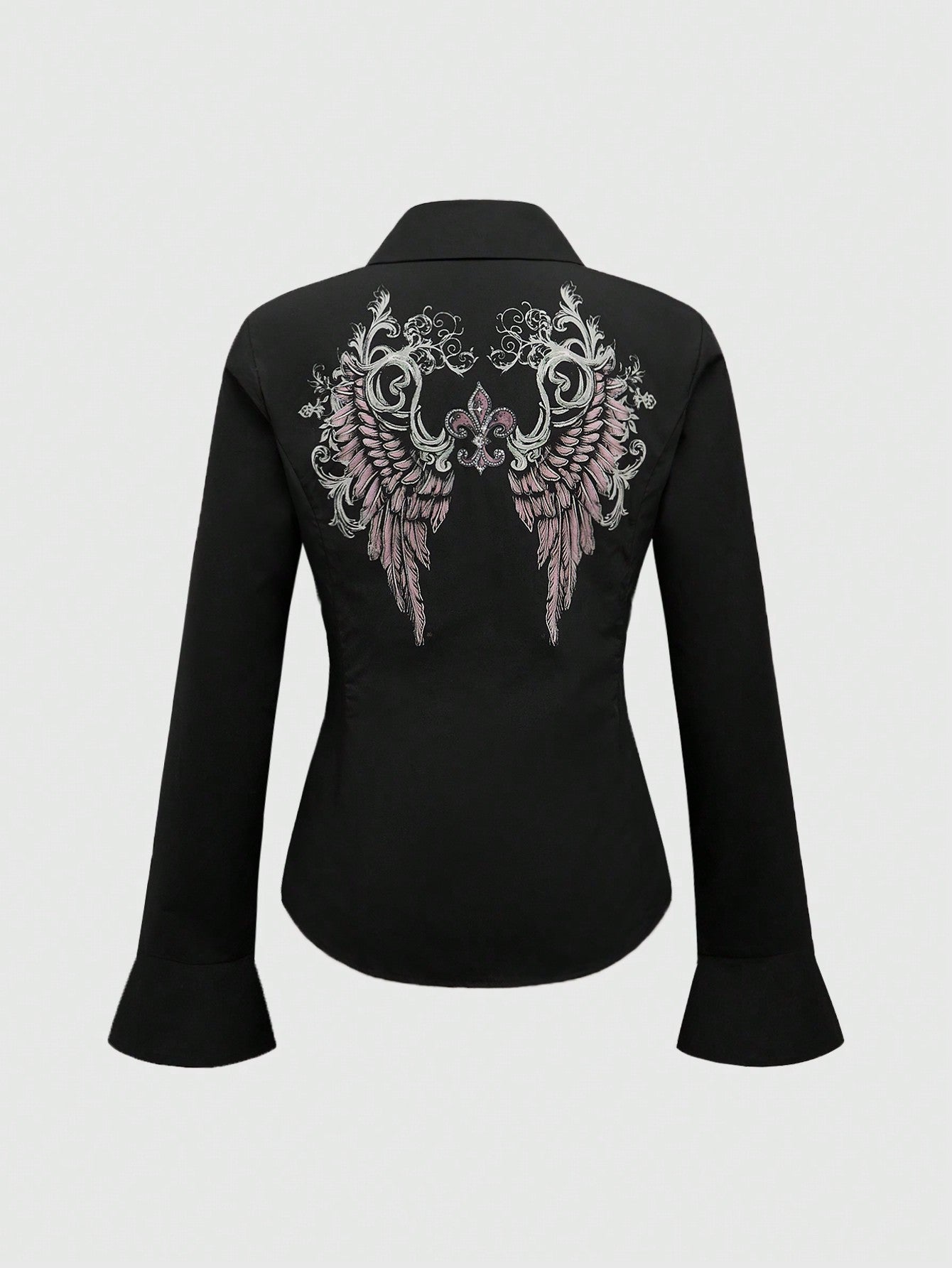 ROMWE Blusa con mangas acampanadas, estampado de cruz y alas, con cadena y campanas