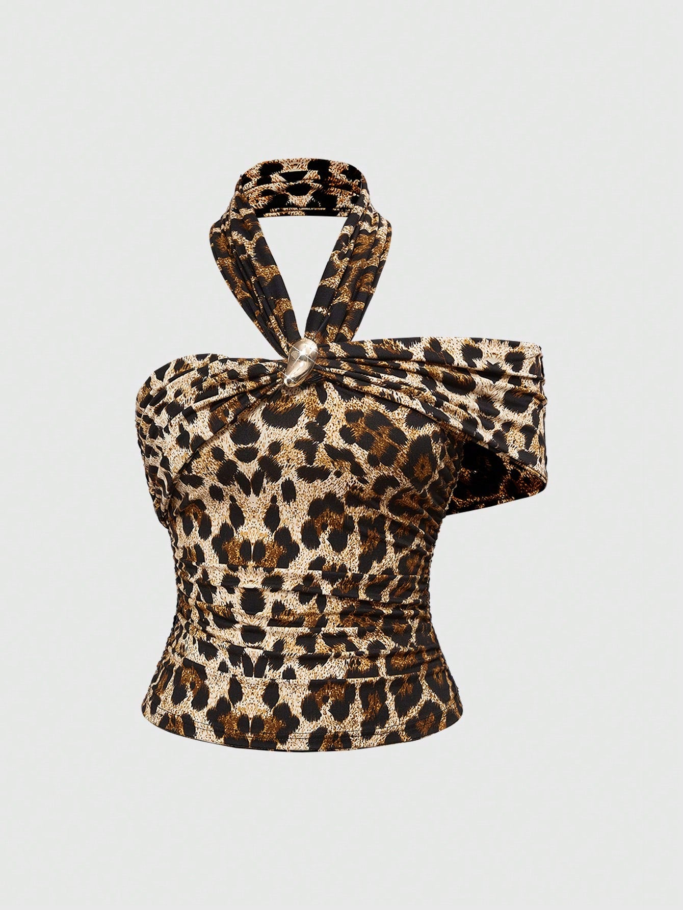 ROMWE Blusa de mujer asimétrica con hombros descubiertos, decoración metálica y fruncido frontal