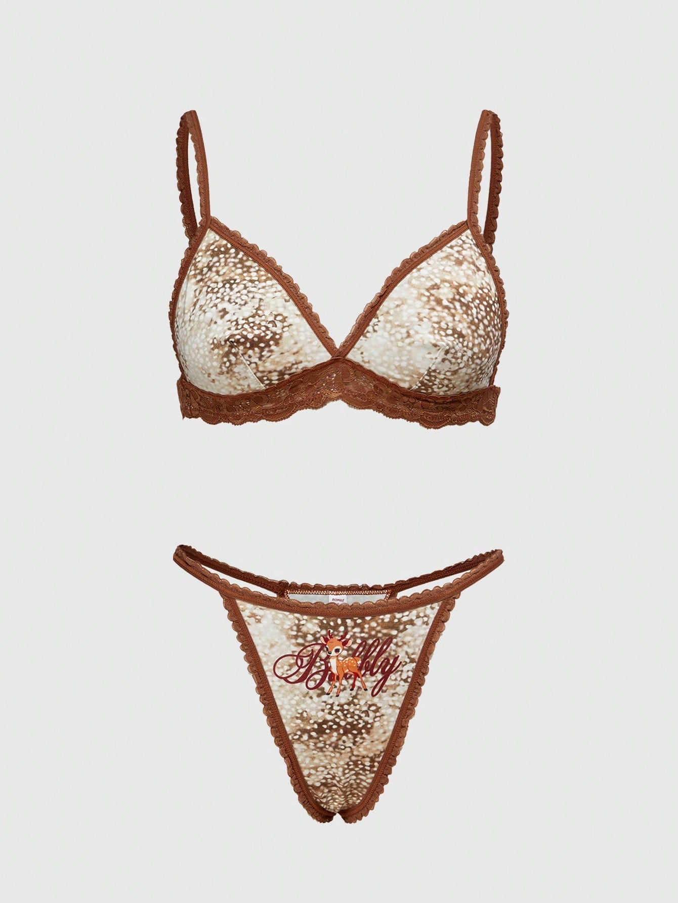 ROMWE Fairycore Conjunto de lencería inalámbrica con estampado de animal de ciervo de jardín de hadas, encaje y patchwork para mujeres