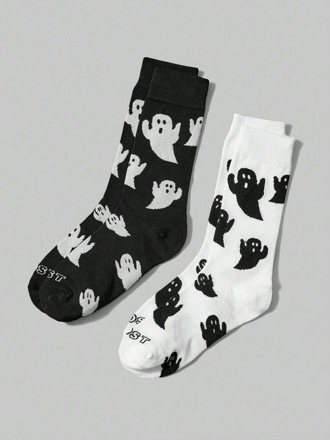 ROMWE Goth 2 pares Calcetines tipo tripulación con estampado de fantasmas para mujer, para todas las estaciones