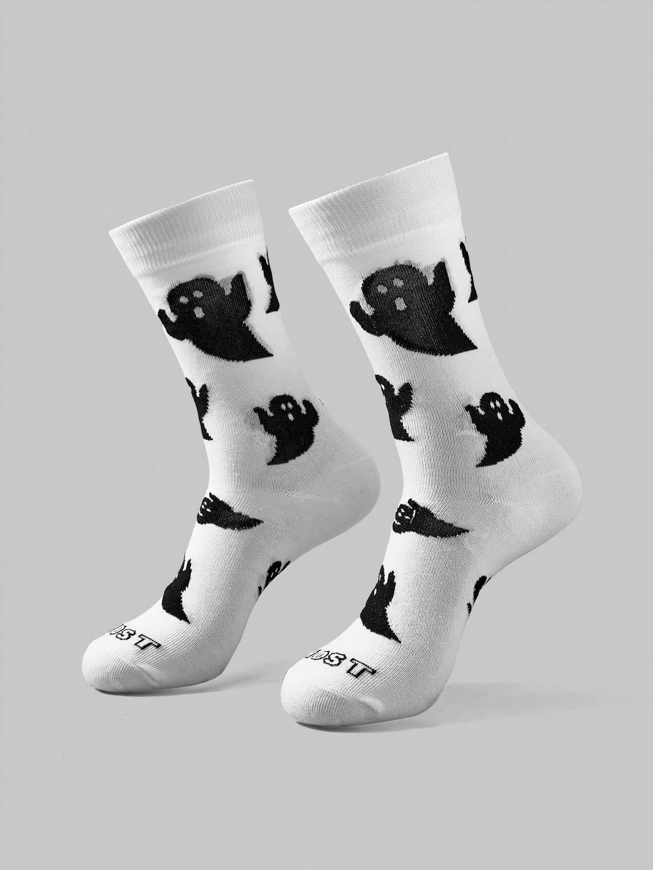 ROMWE Goth 2 pares Calcetines tipo tripulación con estampado de fantasmas para mujer, para todas las estaciones