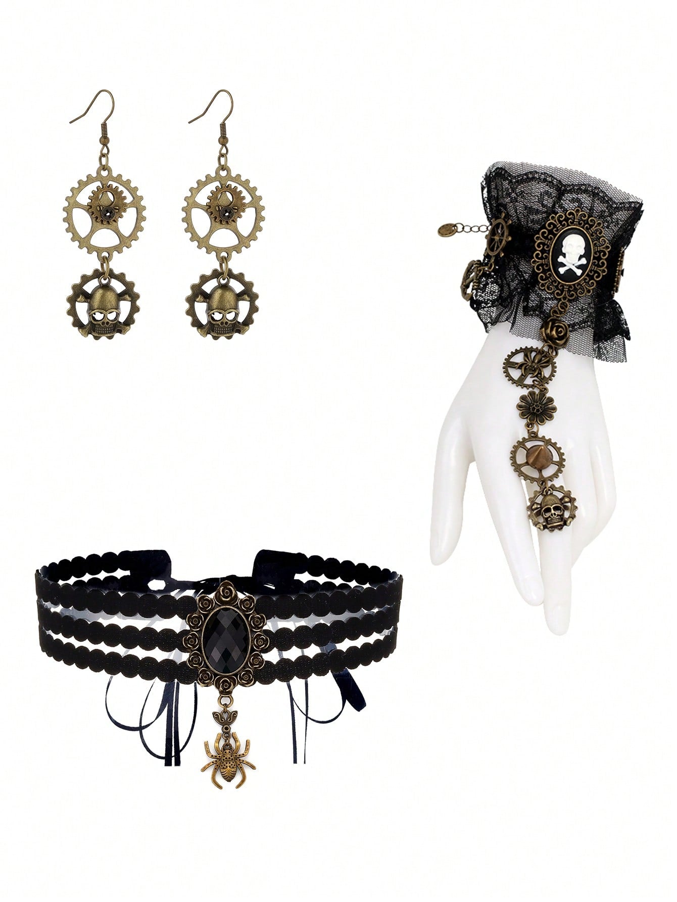 ROMWE Goth 4 piezas Aretes colgantes con engranajes metálicos de estilo steampunk + Brazalete de encaje gótico con calavera + Gargantilla de terciopelo victoriano con araña para fiesta de disfraces, disfraz de Halloween