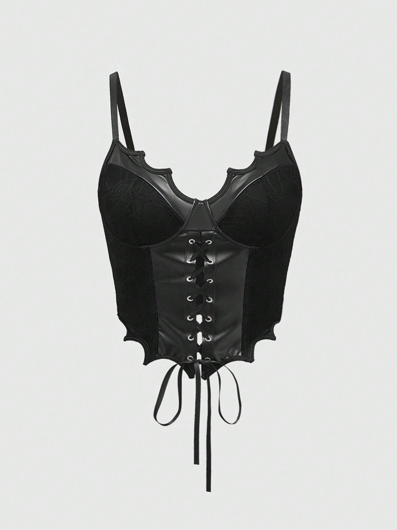 ROMWE Goth Atractivo corsé de mujer con forma de murciélago con parches de PU gótico Y2K en contraste negro y rojo, con encaje de telaraña y ballenas