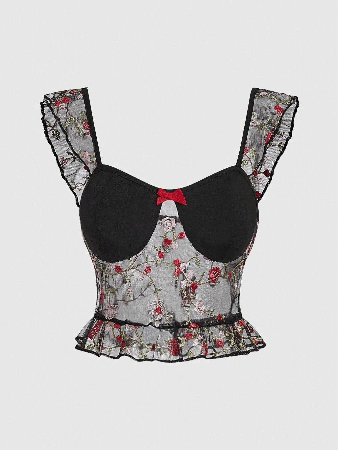 ROMWE Goth Blusa de mujer con mangas cortas, de malla bordada con rosas