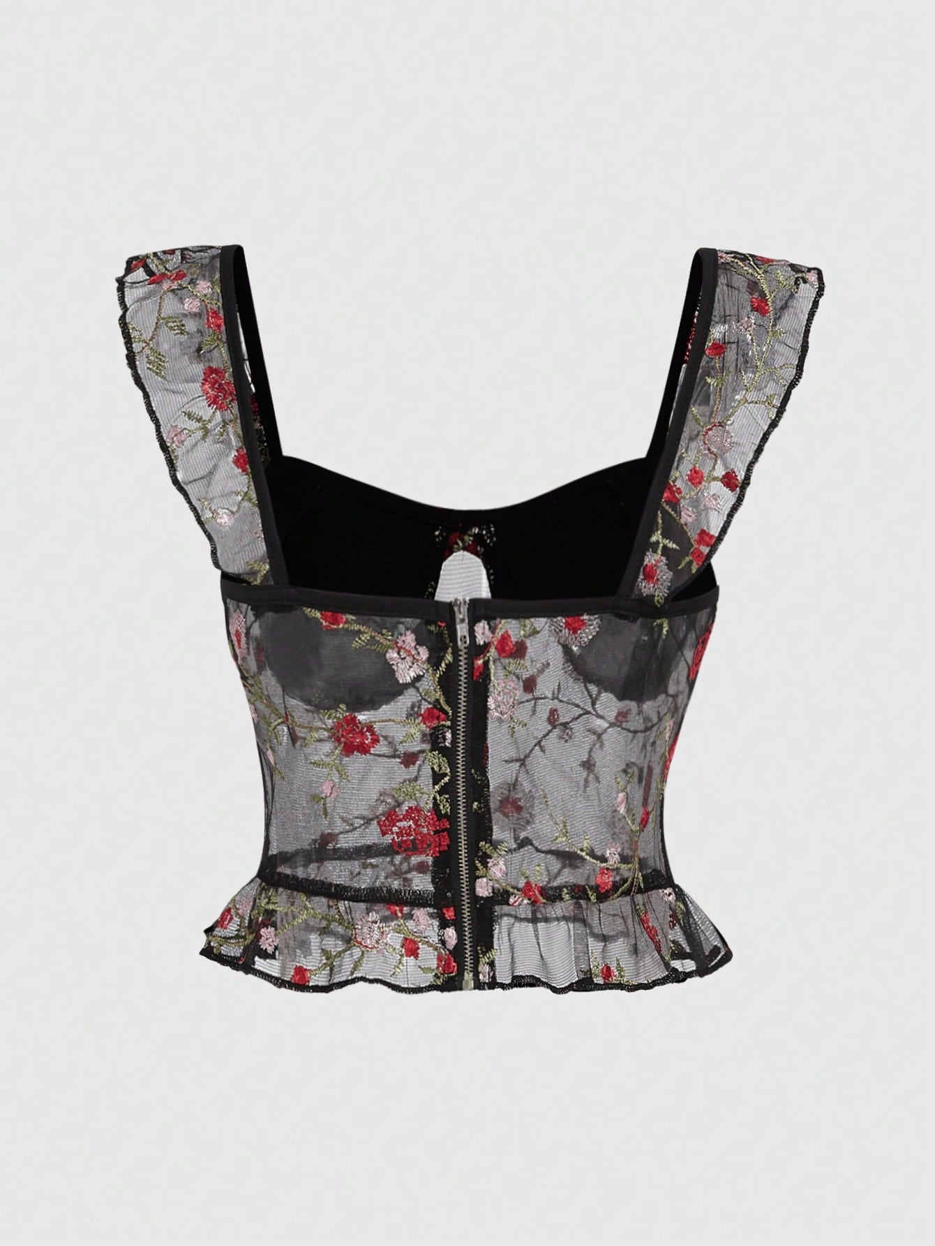 ROMWE Goth Blusa de mujer con mangas cortas, de malla bordada con rosas