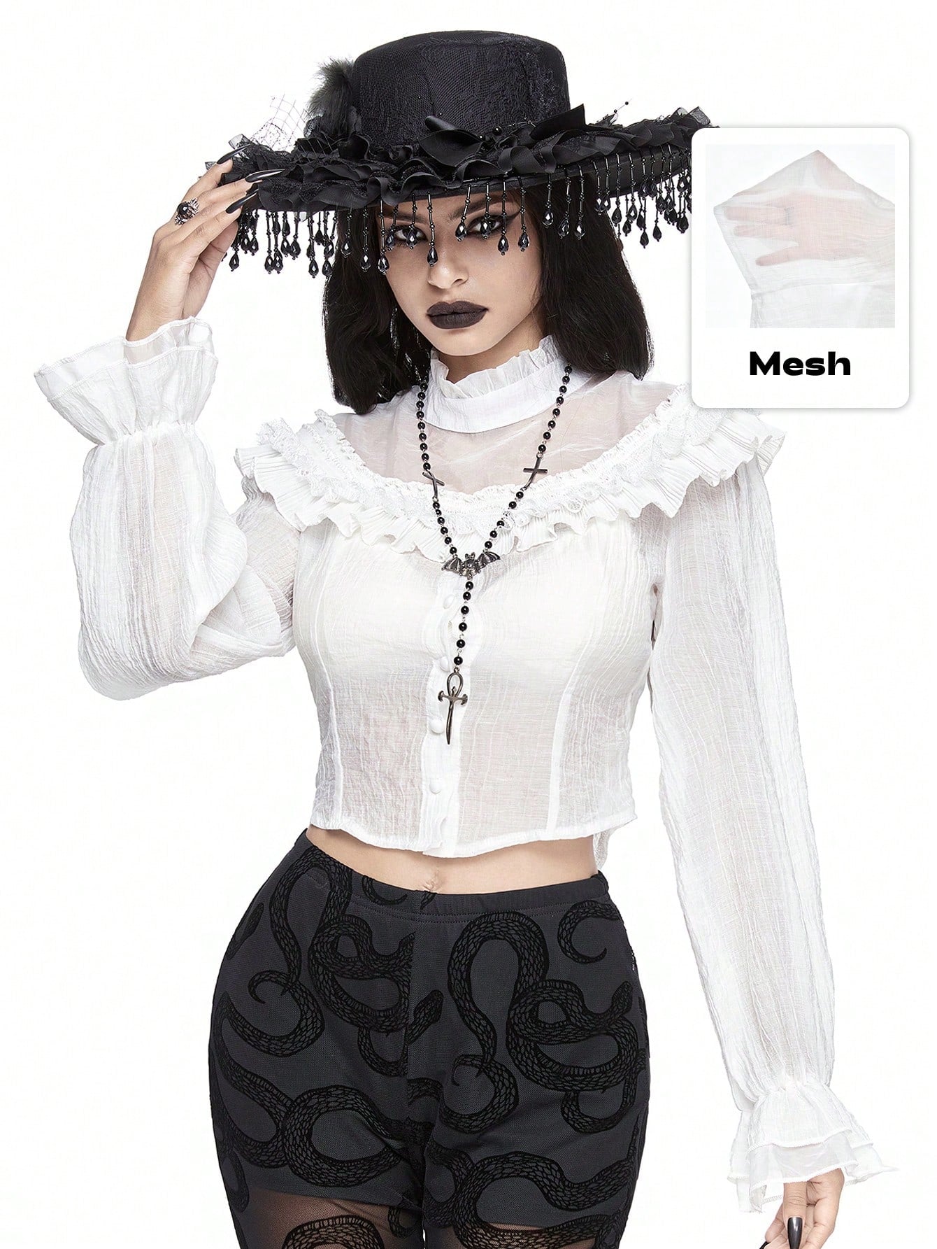 ROMWE Goth Blusa de mujer con panel transparente, manga globo y volantes, en estilo gótico