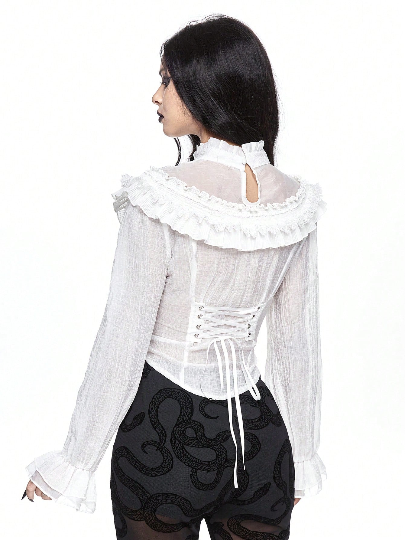 ROMWE Goth Blusa de mujer con panel transparente, manga globo y volantes, en estilo gótico
