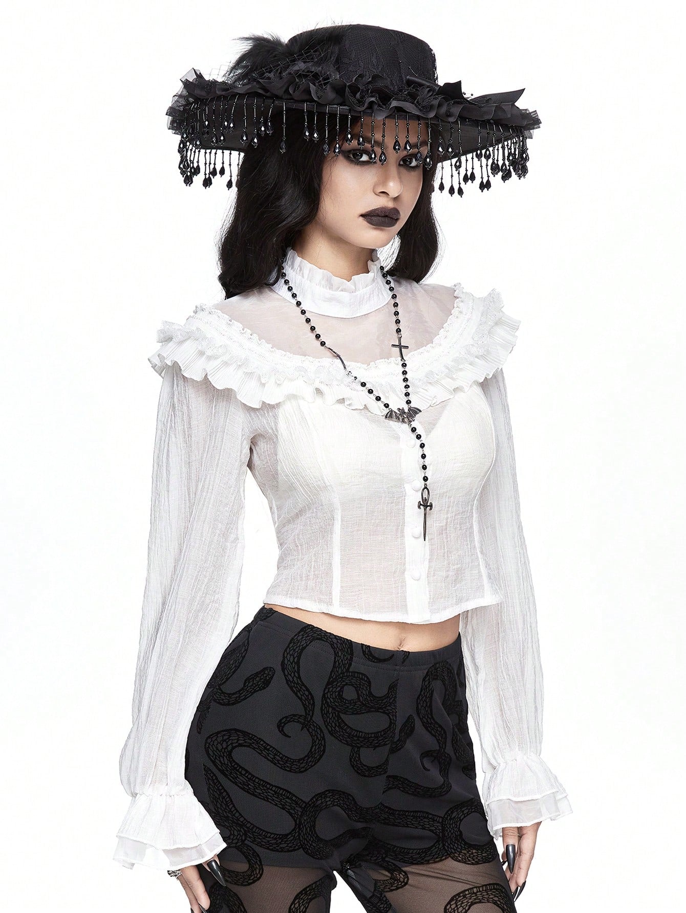 ROMWE Goth Blusa de mujer con panel transparente, manga globo y volantes, en estilo gótico