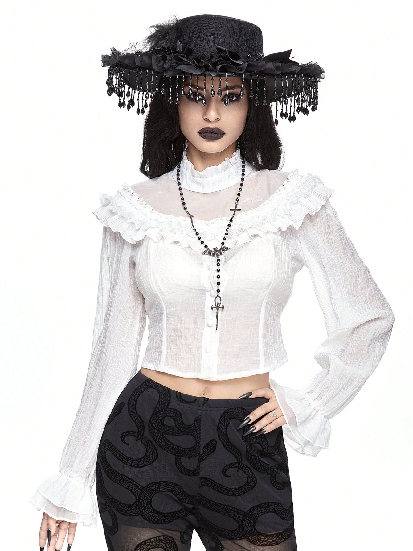 ROMWE Goth Blusa de mujer con panel transparente, manga globo y volantes, en estilo gótico