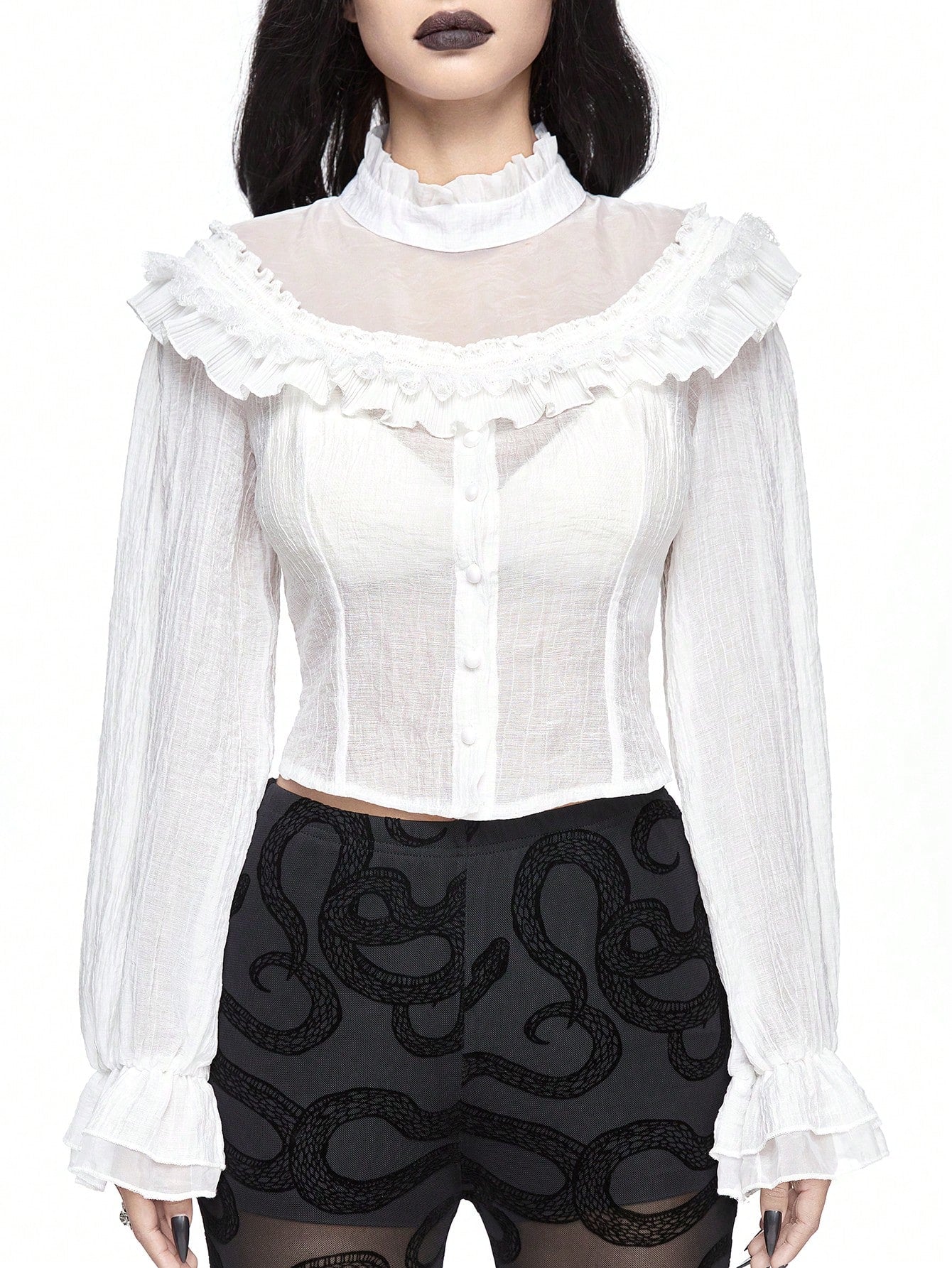 ROMWE Goth Blusa de mujer con panel transparente, manga globo y volantes, en estilo gótico