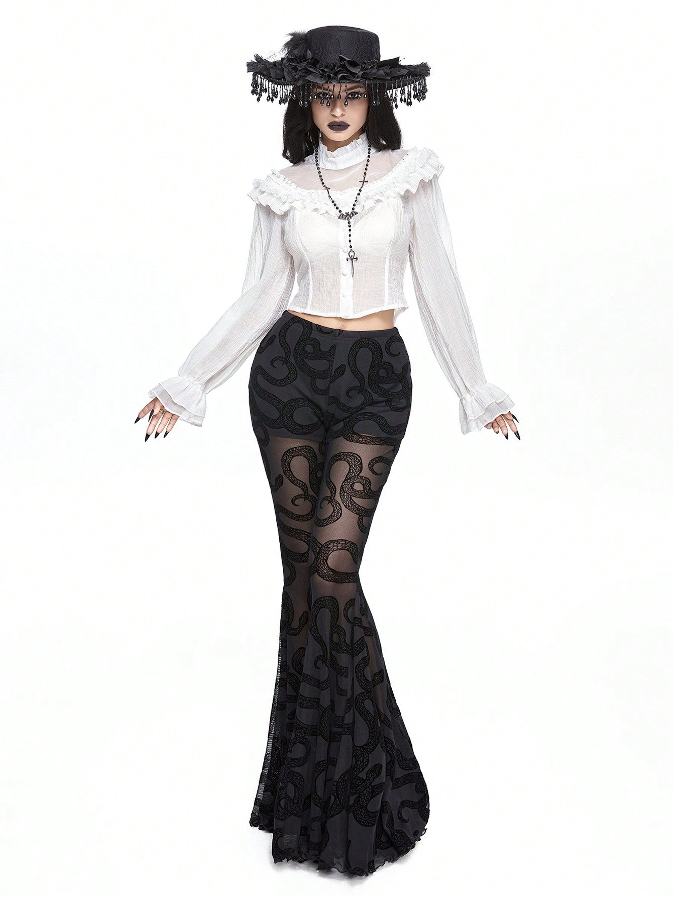 ROMWE Goth Blusa de mujer con panel transparente, manga globo y volantes, en estilo gótico