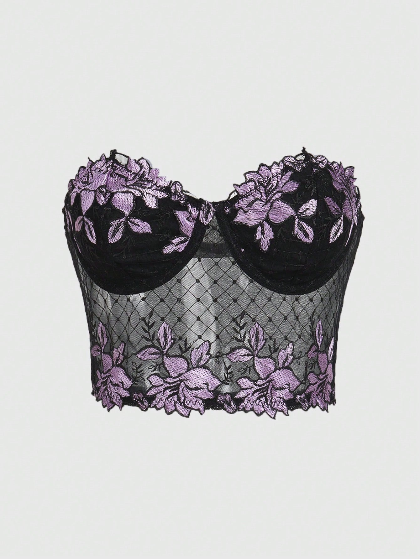 ROMWE Goth Blusa tubo de malla bordada con flores para mujer en verano