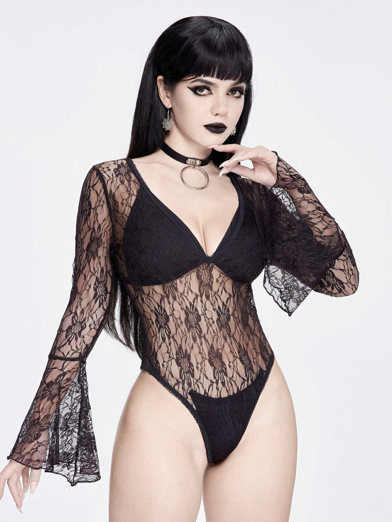 ROMWE Goth Body de encaje floral con escote en V para cubrir para el verano