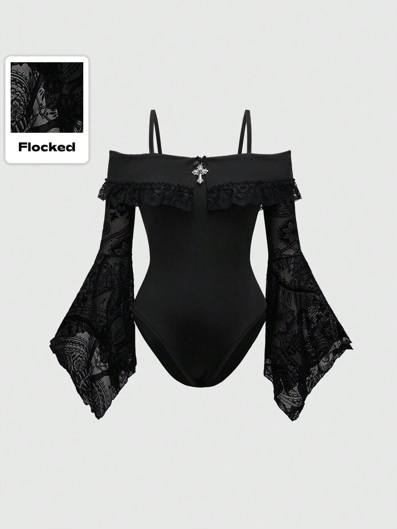 ROMWE Goth Body gótico oscuro con hombros descubiertos, bajo asimétrico, mangas acampanadas con estampado flockado y diseño cruzado de metal para mujer, para el verano y la playa