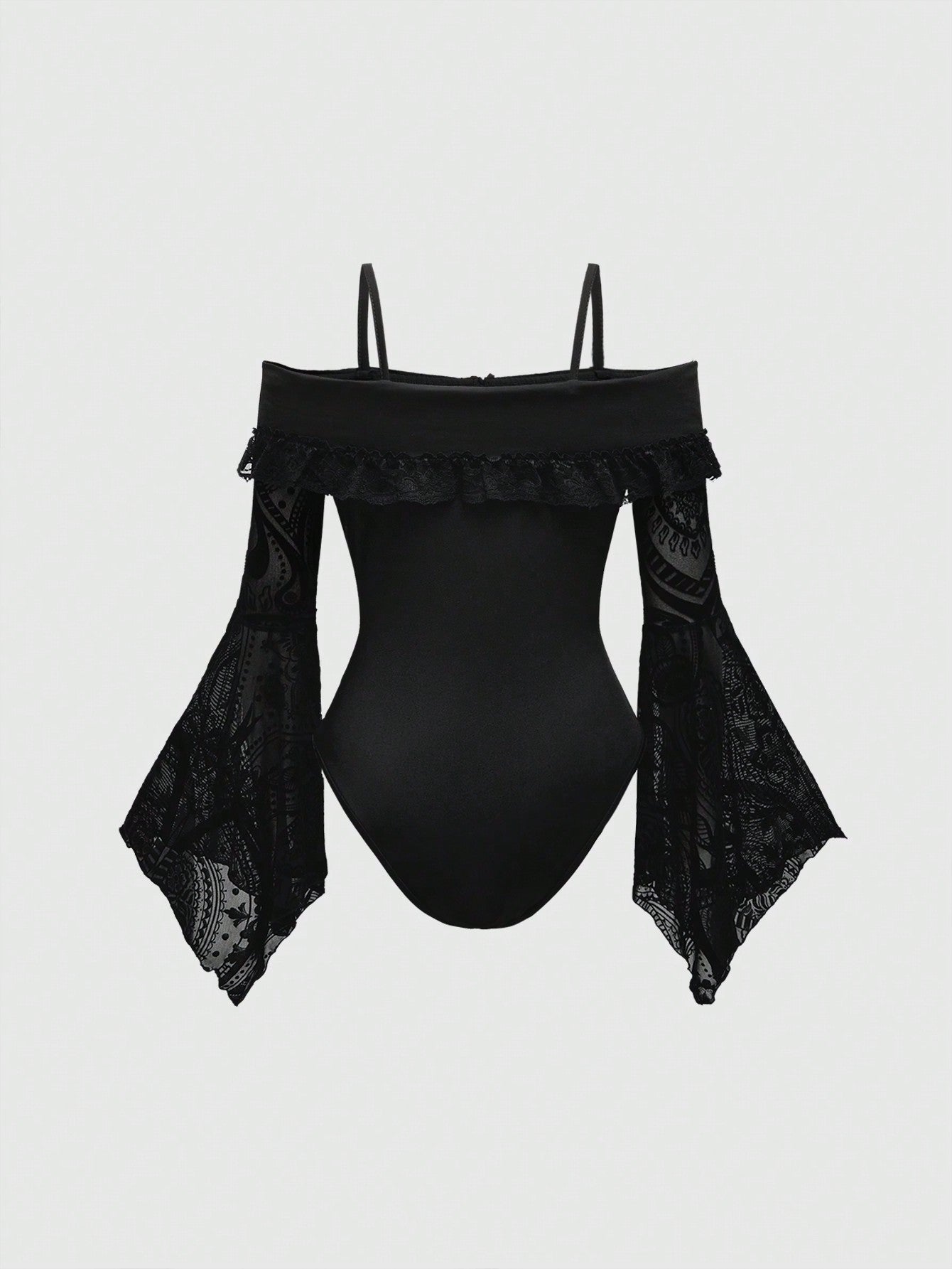 ROMWE Goth Body gótico oscuro con hombros descubiertos, bajo asimétrico, mangas acampanadas con estampado flockado y diseño cruzado de metal para mujer, para el verano y la playa