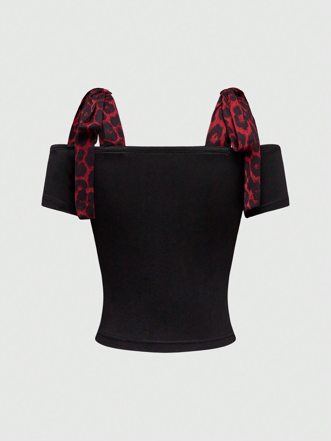 ROMWE Goth Camiseta con estampado de leopardo rojo del milenio Y2K, empalme con lazo, calavera y rosas con rhinestones