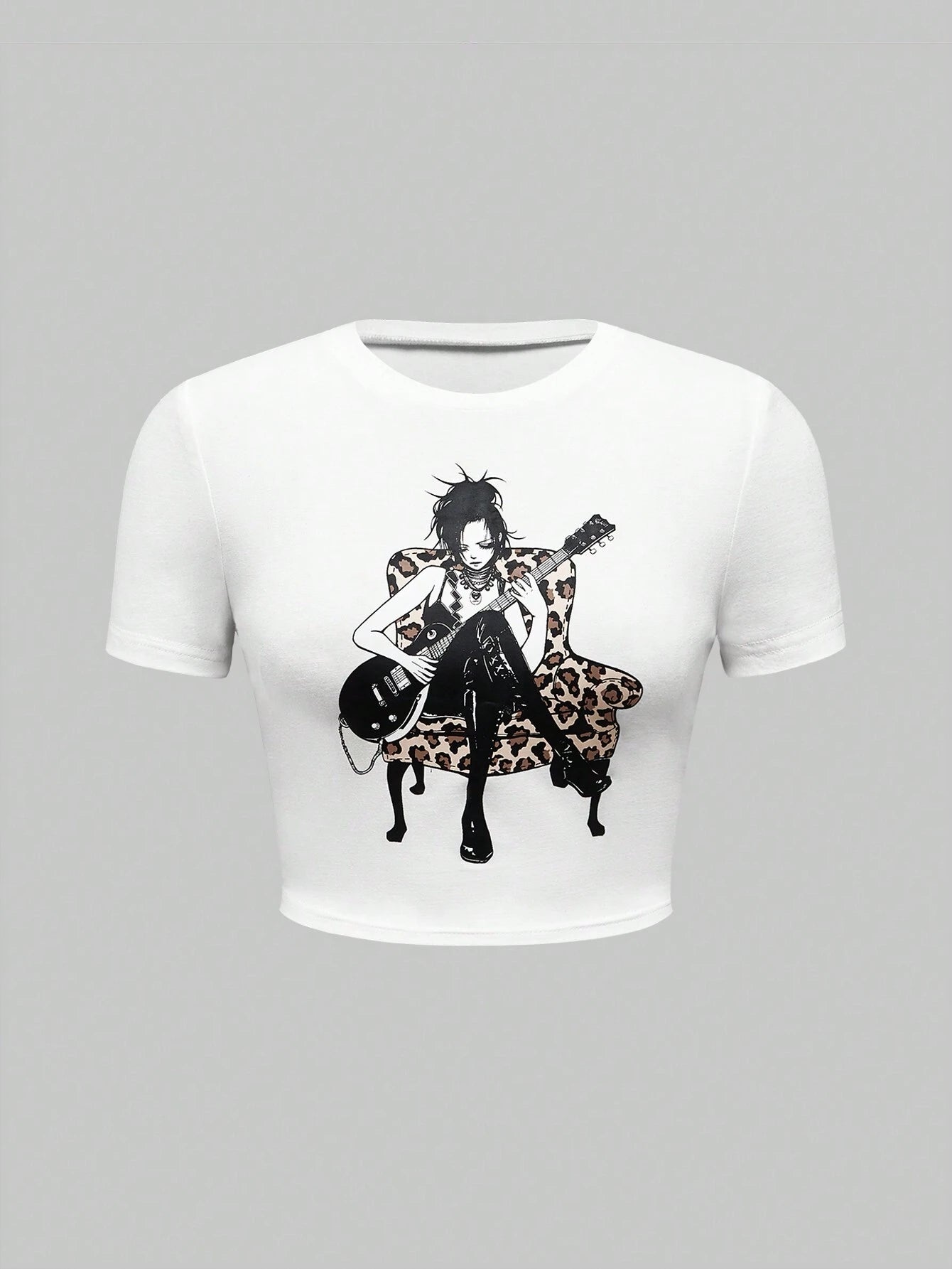 ROMWE Goth Camiseta informal de manga corta y cuello redondo con estampado de leopardo y gráfico de banda de chica de tendencia para mujer