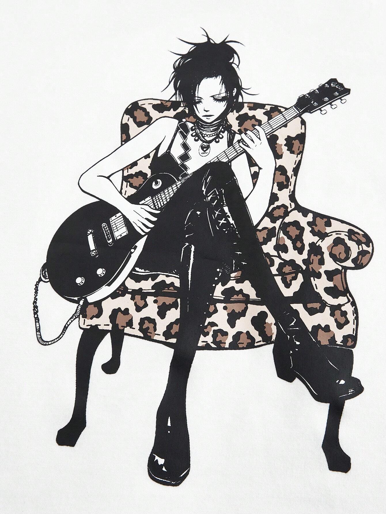 ROMWE Goth Camiseta informal de manga corta y cuello redondo con estampado de leopardo y gráfico de banda de chica de tendencia para mujer