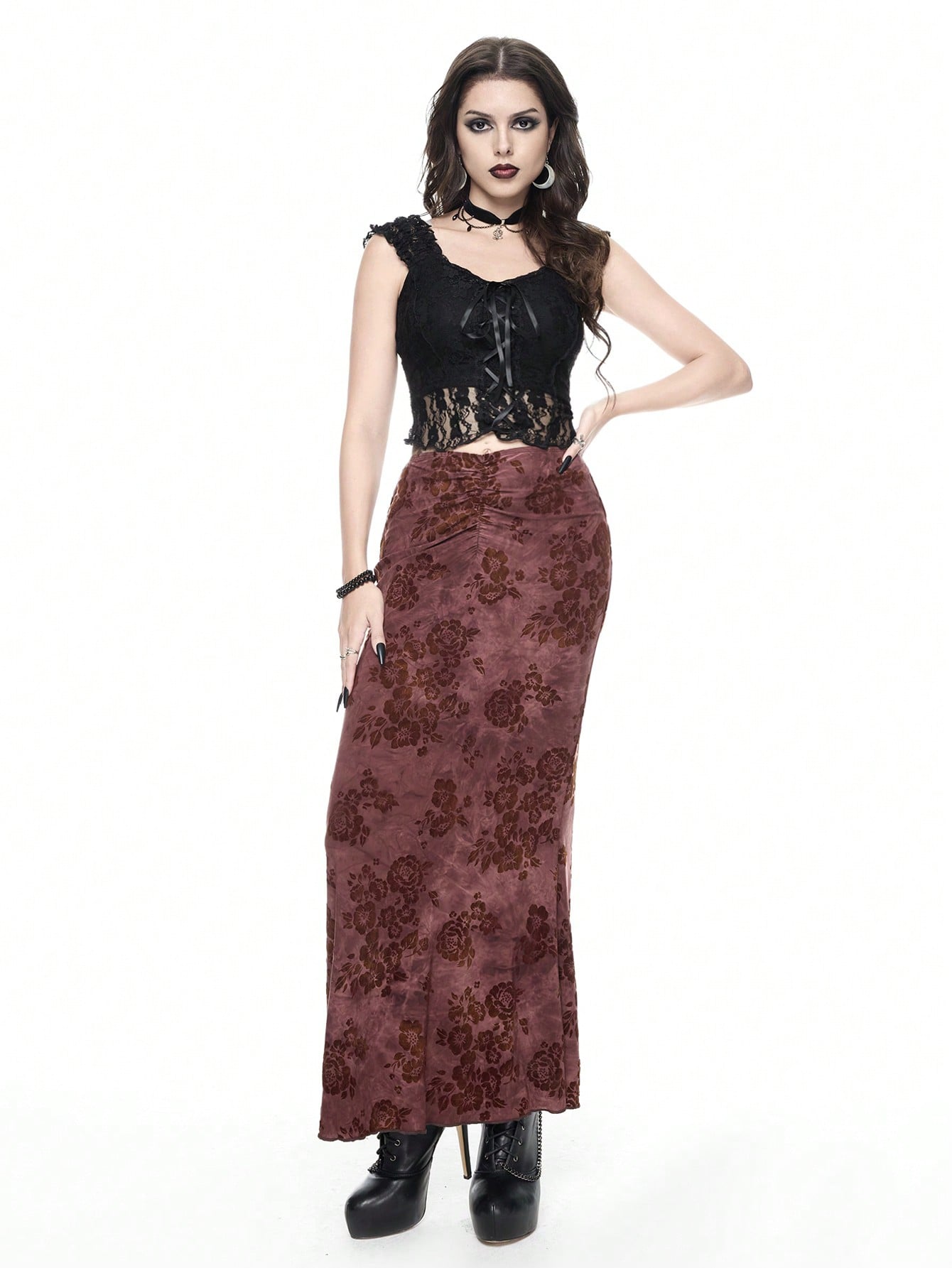 ROMWE Goth Camiseta sin tirantes ceñida con encaje para mujer