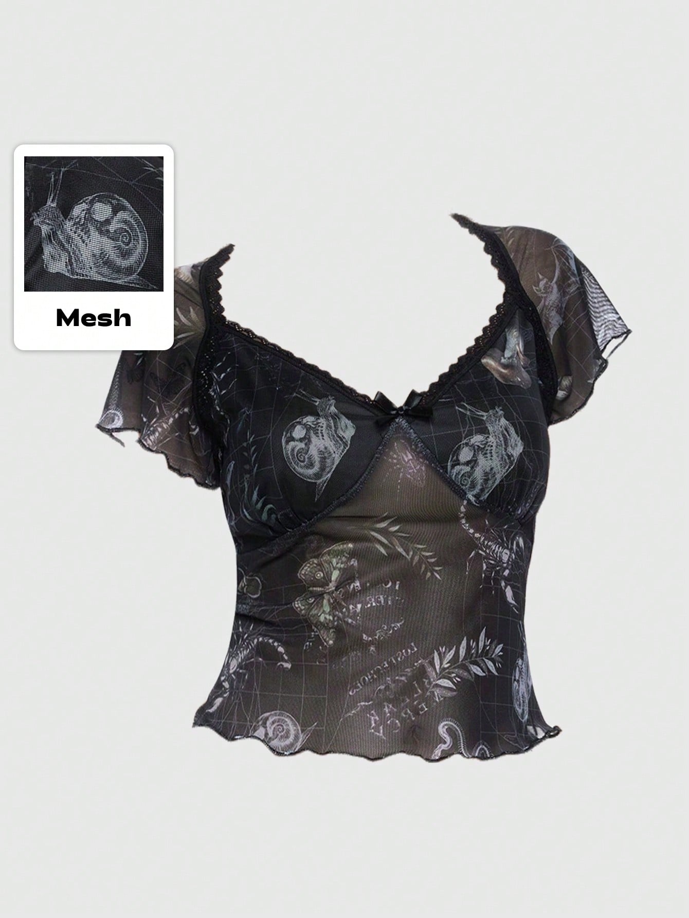 ROMWE Goth Conjunto de verano para playa, concierto o festival: Blusa de malla transparente con cuello cuadrado, mangas cortas, estampado floral, volantes y lazo - Atuendo gótico