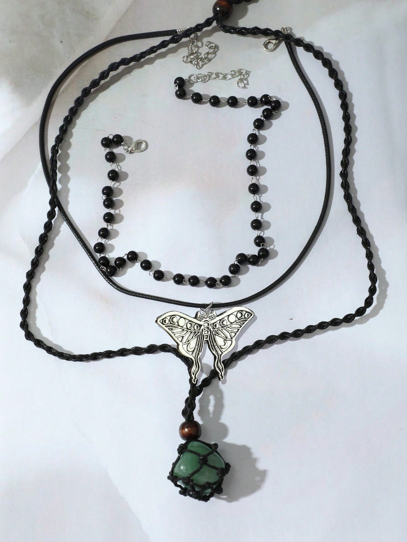 ROMWE Goth Set de 3 collares ajustables con forma de mariposa y luna, piedras y perlas negras falsas en estilo gótico vintage hecho a mano, joyería bohemia para mujeres